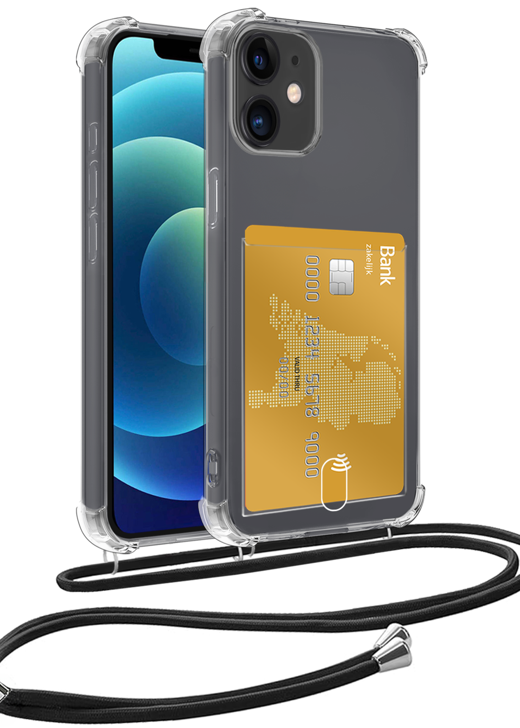 BTH Hoesje Geschikt voor iPhone 12 Mini Hoesje Met Telefoonkoord en Pasjeshouder Siliconen - Hoes Geschikt voor iPhone 12 Mini Hoesje Met Kaarthouder Shock Proof Case - Transparant