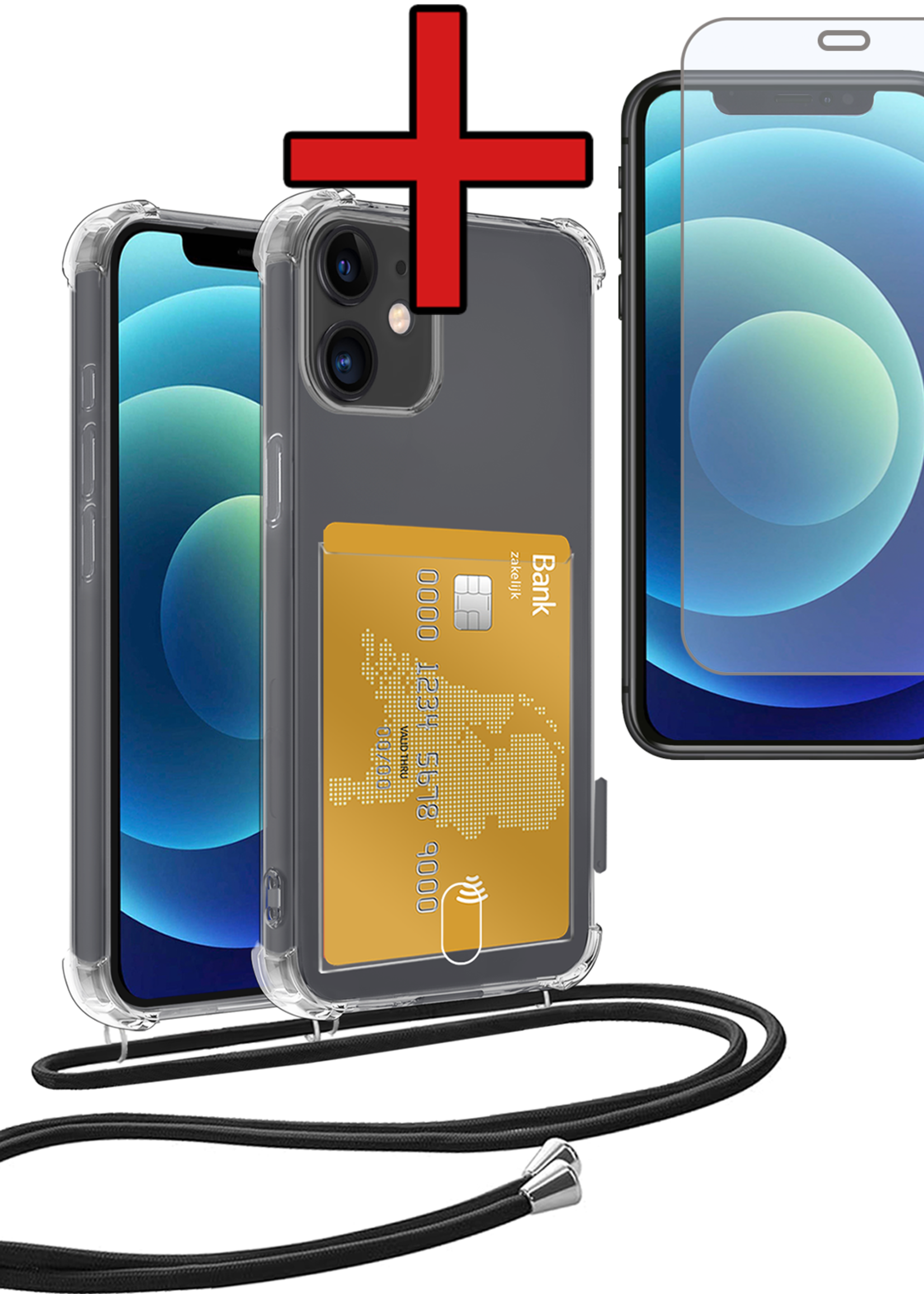 BTH Hoesje Geschikt voor iPhone 12 Hoesje Met Telefoonkoord en Pasjeshouder Met Screenprotector Siliconen - Hoes Geschikt voor iPhone 12 Hoesje Met Kaarthouder Shock Proof Case - Transparant