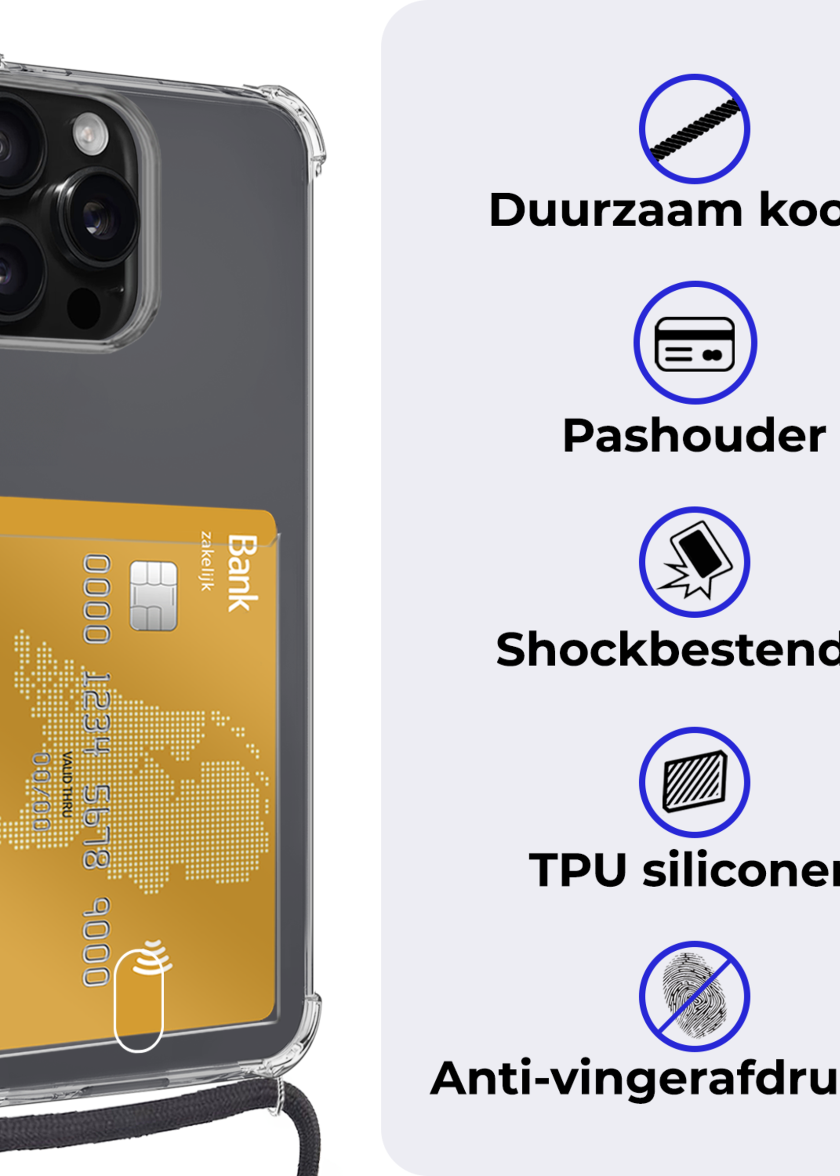 BTH Hoesje Geschikt voor iPhone 13 Pro Max Hoesje Met Telefoonkoord en Pasjeshouder Siliconen - Hoes Geschikt voor iPhone 13 Pro Max Hoesje Met Kaarthouder Shock Proof Case - Transparant - 2 PACK