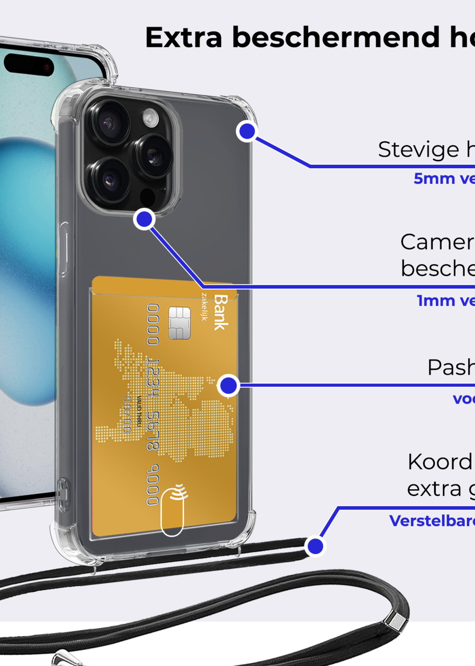 BTH Hoesje Geschikt voor iPhone 13 Pro Max Hoesje Met Telefoonkoord en Pasjeshouder Siliconen - Hoes Geschikt voor iPhone 13 Pro Max Hoesje Met Kaarthouder Shock Proof Case - Transparant - 2 PACK