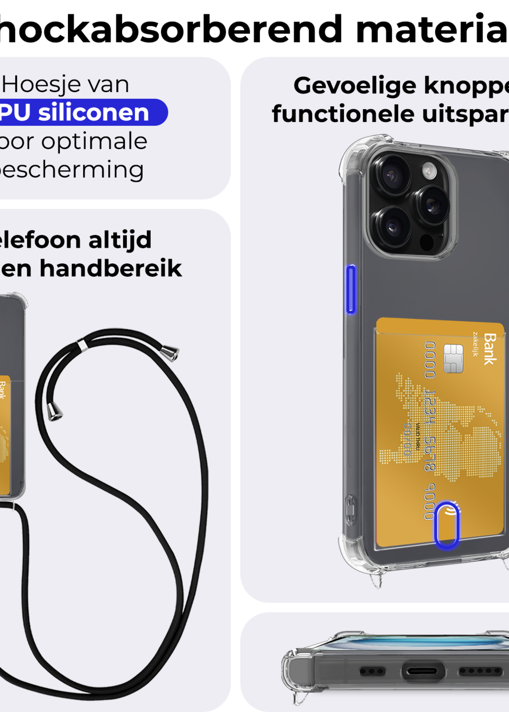 BTH Hoesje Geschikt voor iPhone 13 Pro Max Hoesje Met Telefoonkoord en Pasjeshouder Siliconen - Hoes Geschikt voor iPhone 13 Pro Max Hoesje Met Kaarthouder Shock Proof Case - Transparant - 2 PACK