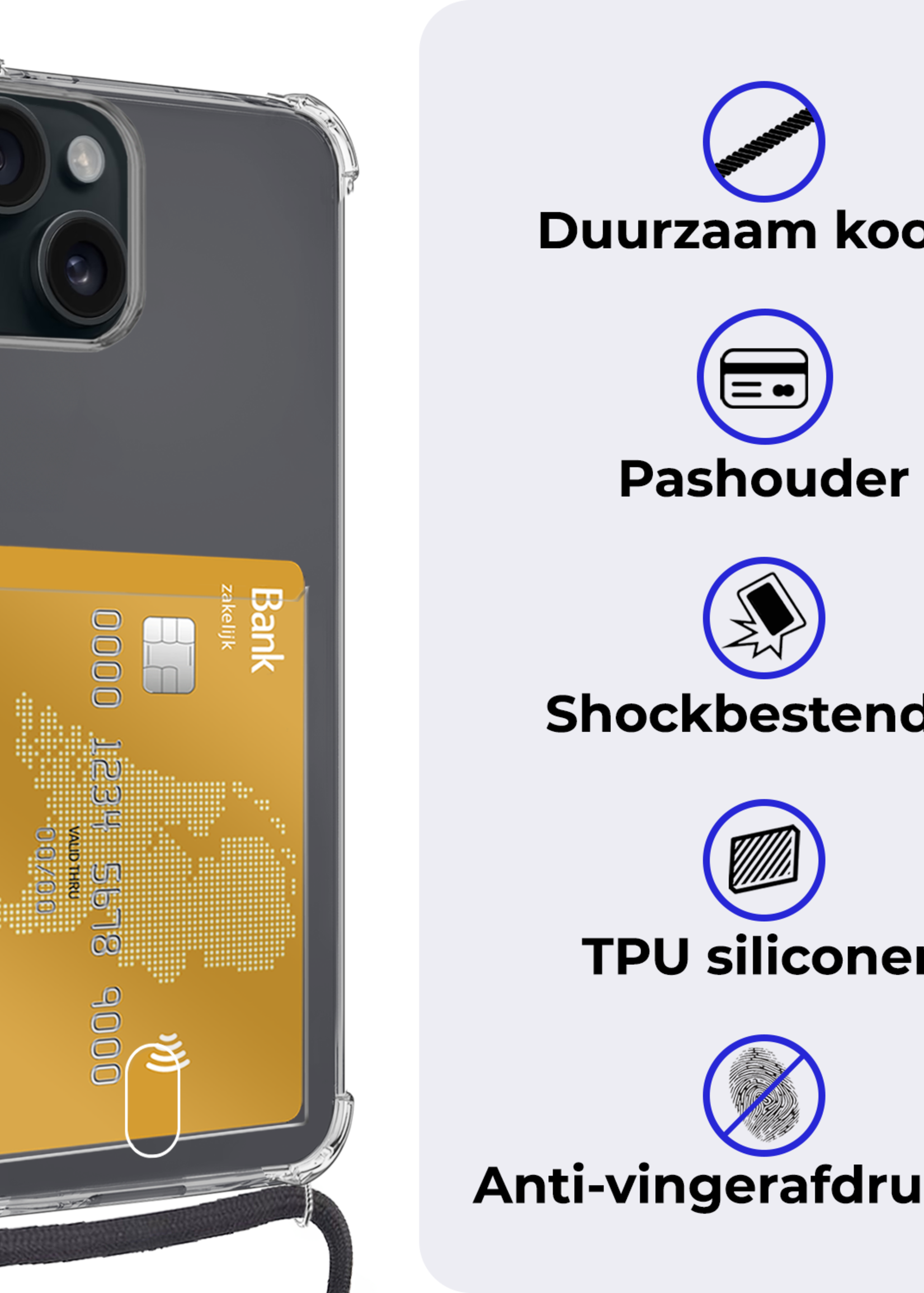 BTH Hoesje Geschikt voor iPhone 13 Hoesje Met Telefoonkoord en Pasjeshouder Siliconen - Hoes Geschikt voor iPhone 13 Hoesje Met Kaarthouder Shock Proof Case - Transparant