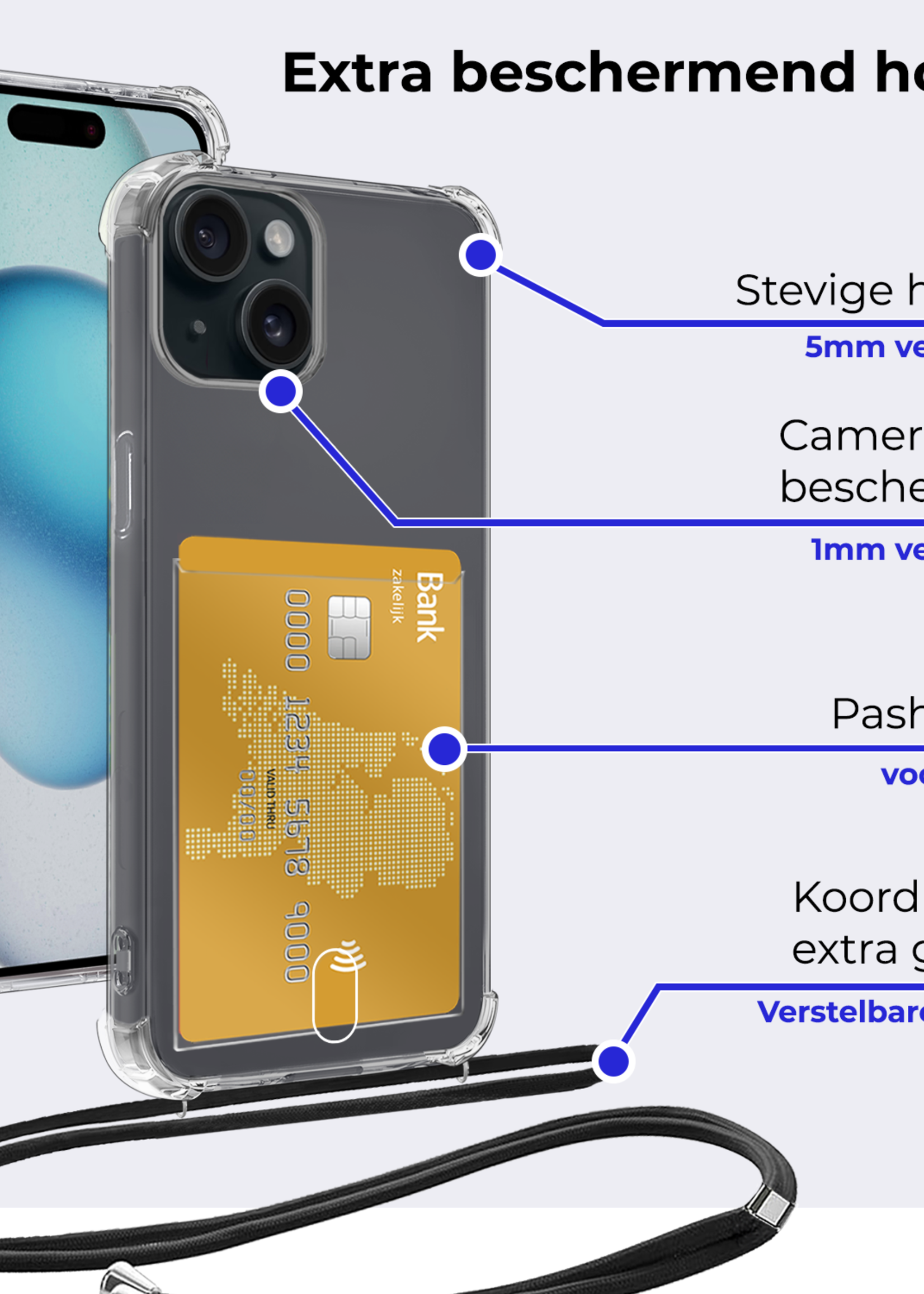 BTH Hoesje Geschikt voor iPhone 13 Hoesje Met Telefoonkoord en Pasjeshouder Siliconen - Hoes Geschikt voor iPhone 13 Hoesje Met Kaarthouder Shock Proof Case - Transparant