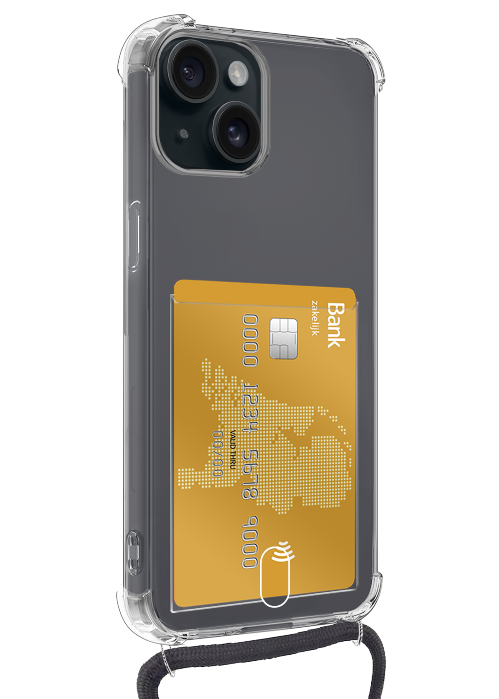 BTH Hoesje Geschikt voor iPhone 14 Hoesje Met Telefoonkoord en Pasjeshouder Met 2x Screenprotector Siliconen - Hoes Geschikt voor iPhone 14 Hoesje Met Kaarthouder Shock Proof Case - Transparant