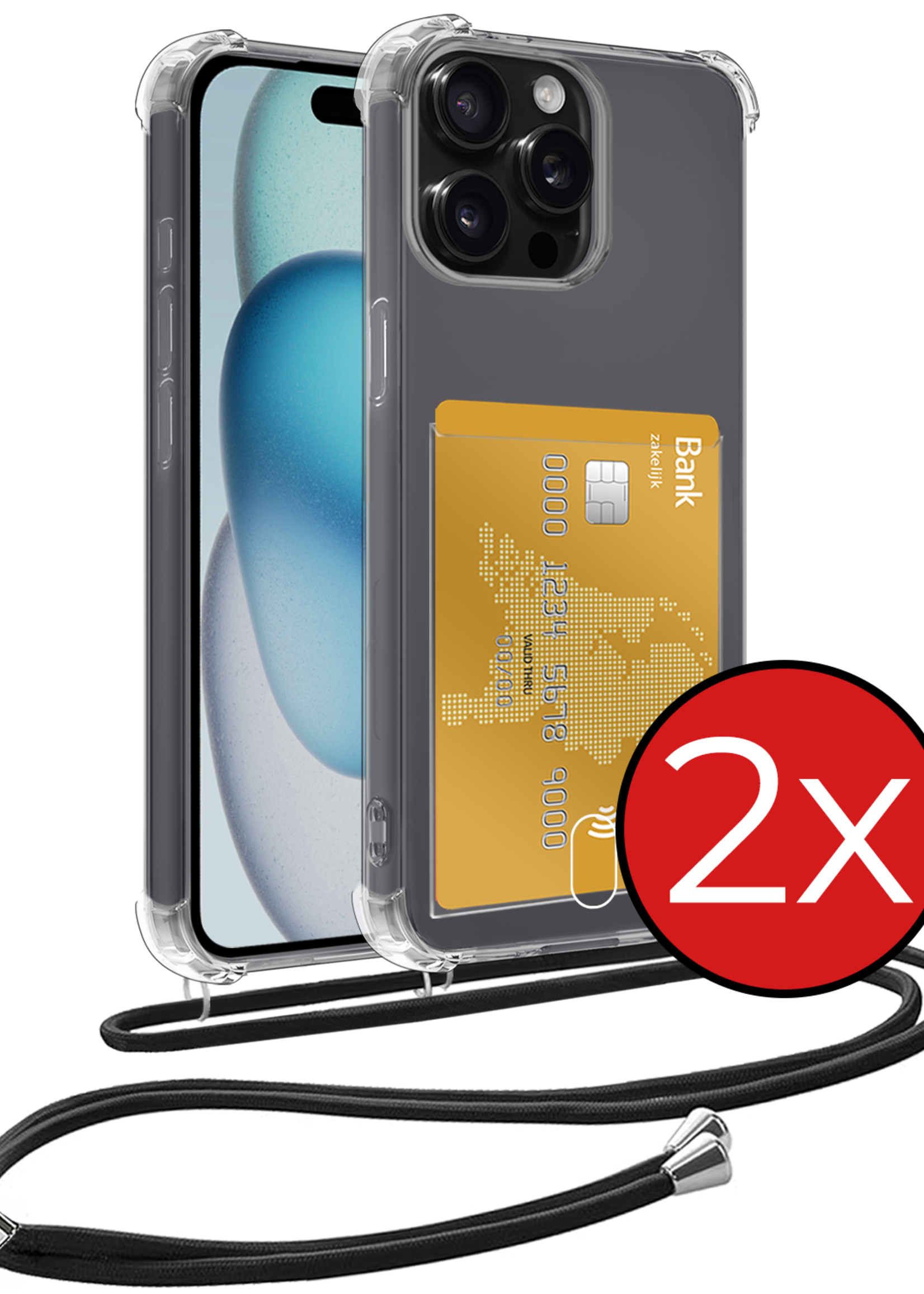 BTH Hoesje Geschikt voor iPhone 14 Pro Max Hoesje Met Telefoonkoord en Pasjeshouder Siliconen - Hoes Geschikt voor iPhone 14 Pro Max Hoesje Met Kaarthouder Shock Proof Case - Transparant - 2 PACK