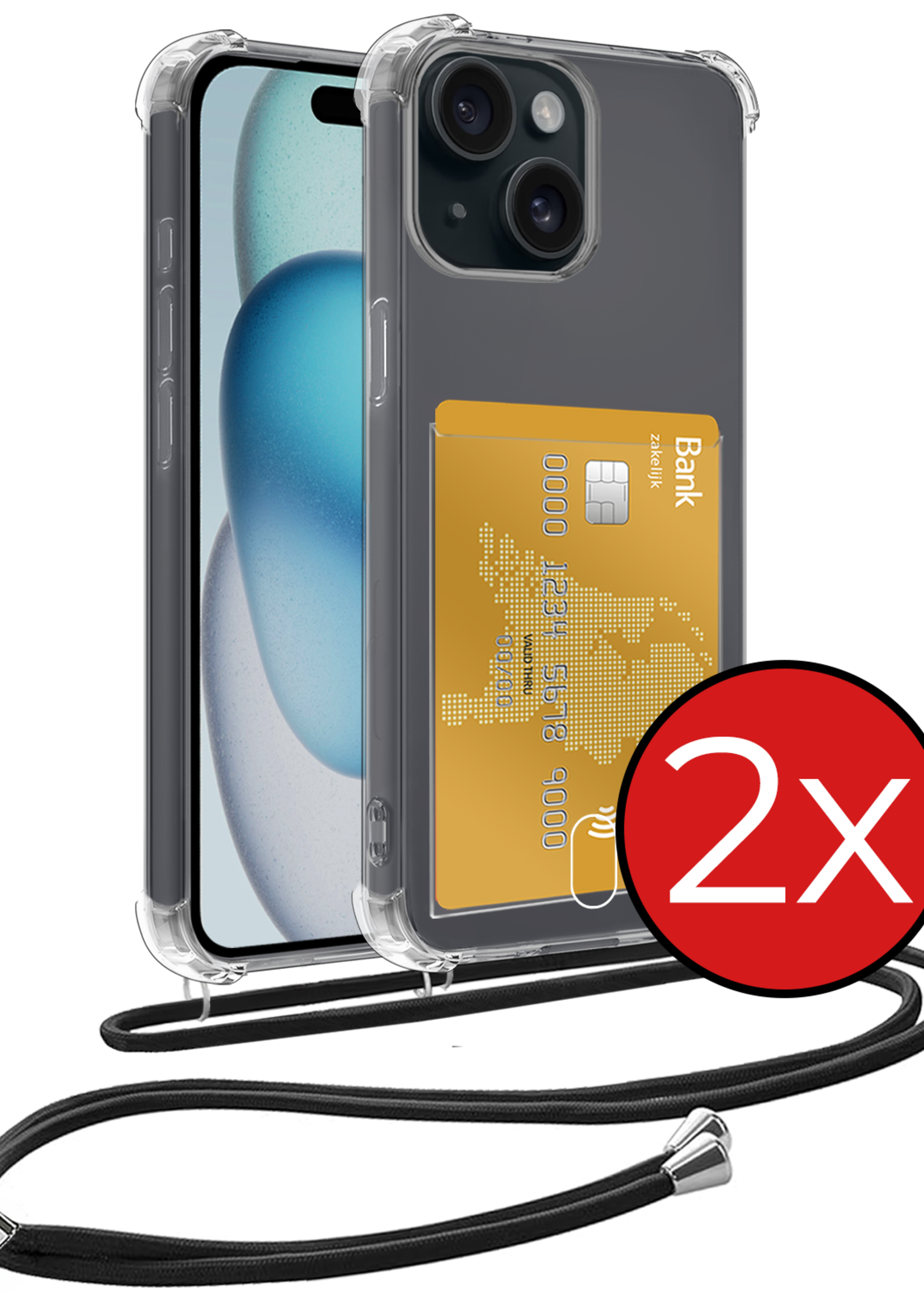BTH Hoesje Geschikt voor iPhone 14 Plus Hoesje Met Telefoonkoord en Pasjeshouder Siliconen - Hoes Geschikt voor iPhone 14 Plus Hoesje Met Kaarthouder Shock Proof Case - Transparant - 2 PACK
