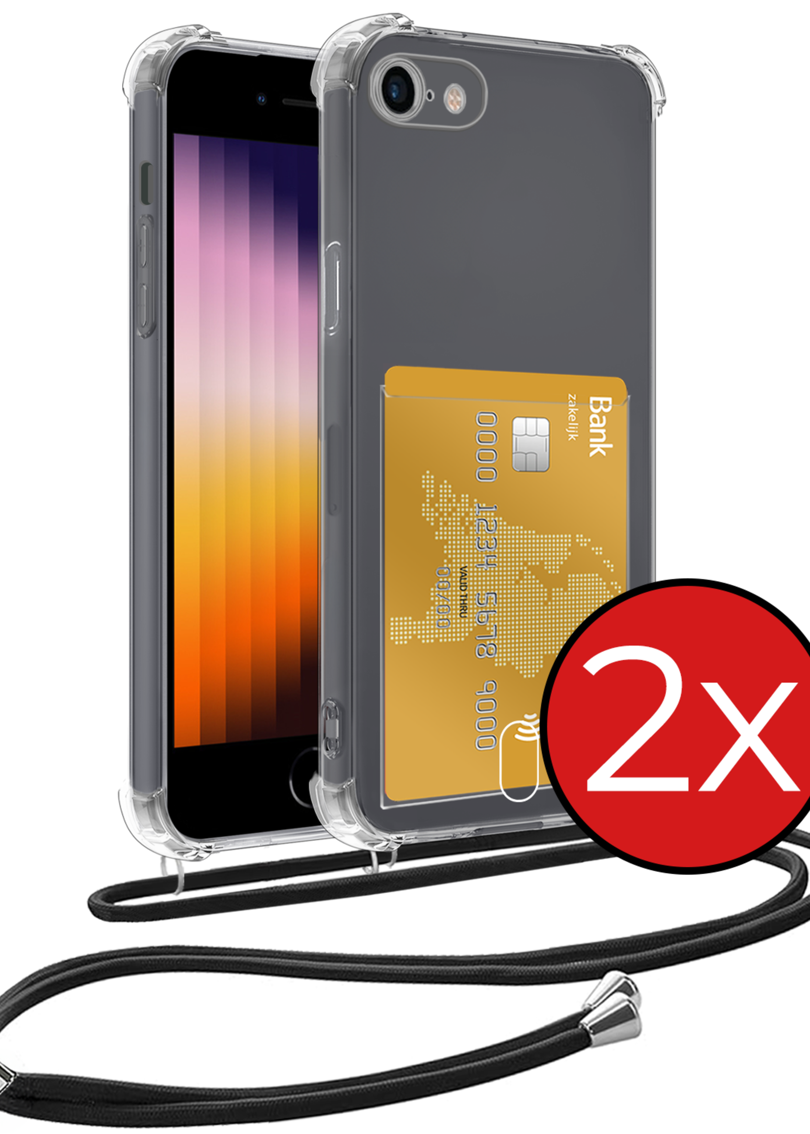 BTH Hoesje Geschikt voor iPhone 7 Hoesje Met Telefoonkoord en Pasjeshouder Siliconen - Hoes Geschikt voor iPhone 7 Hoesje Met Kaarthouder Shock Proof Case - Transparant - 2 PACK