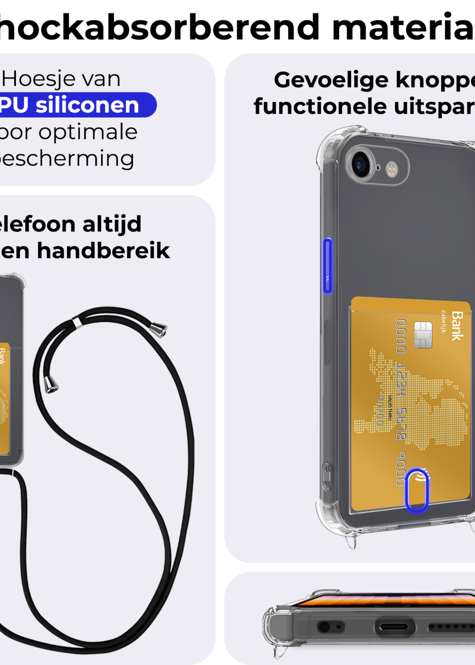 BTH Hoesje Geschikt voor iPhone 7 Hoesje Met Telefoonkoord en Pasjeshouder Siliconen - Hoes Geschikt voor iPhone 7 Hoesje Met Kaarthouder Shock Proof Case - Transparant - 2 PACK