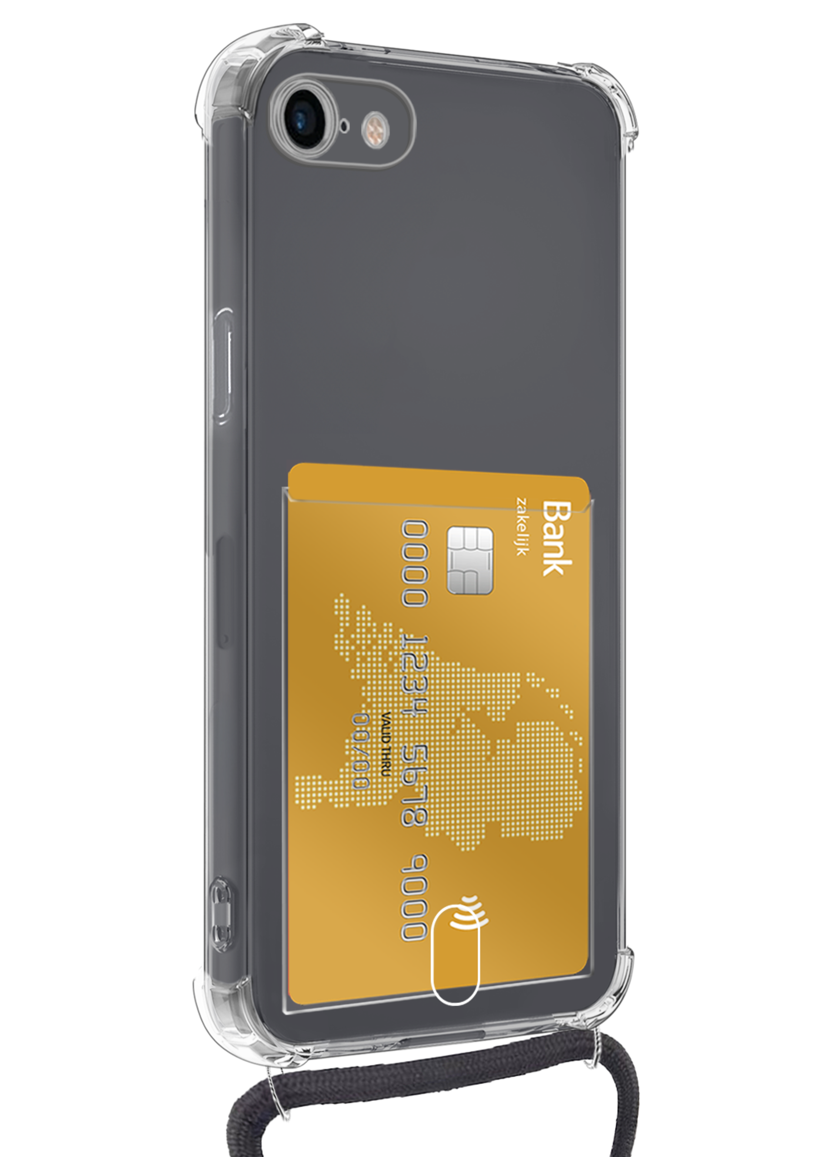 BTH Hoesje Geschikt voor iPhone 7 Hoesje Met Telefoonkoord en Pasjeshouder Siliconen - Hoes Geschikt voor iPhone 7 Hoesje Met Kaarthouder Shock Proof Case - Transparant - 2 PACK