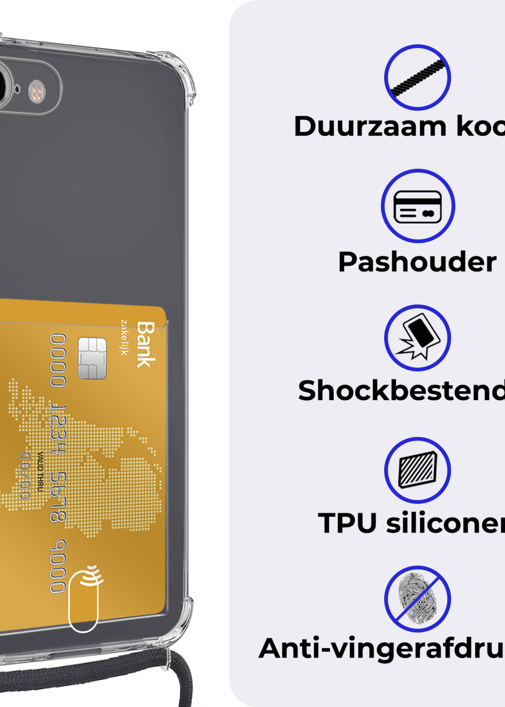 BTH Hoesje Geschikt voor iPhone 7 Hoesje Met Telefoonkoord en Pasjeshouder Met Screenprotector Siliconen - Hoes Geschikt voor iPhone 7 Hoesje Met Kaarthouder Shock Proof Case - Transparant