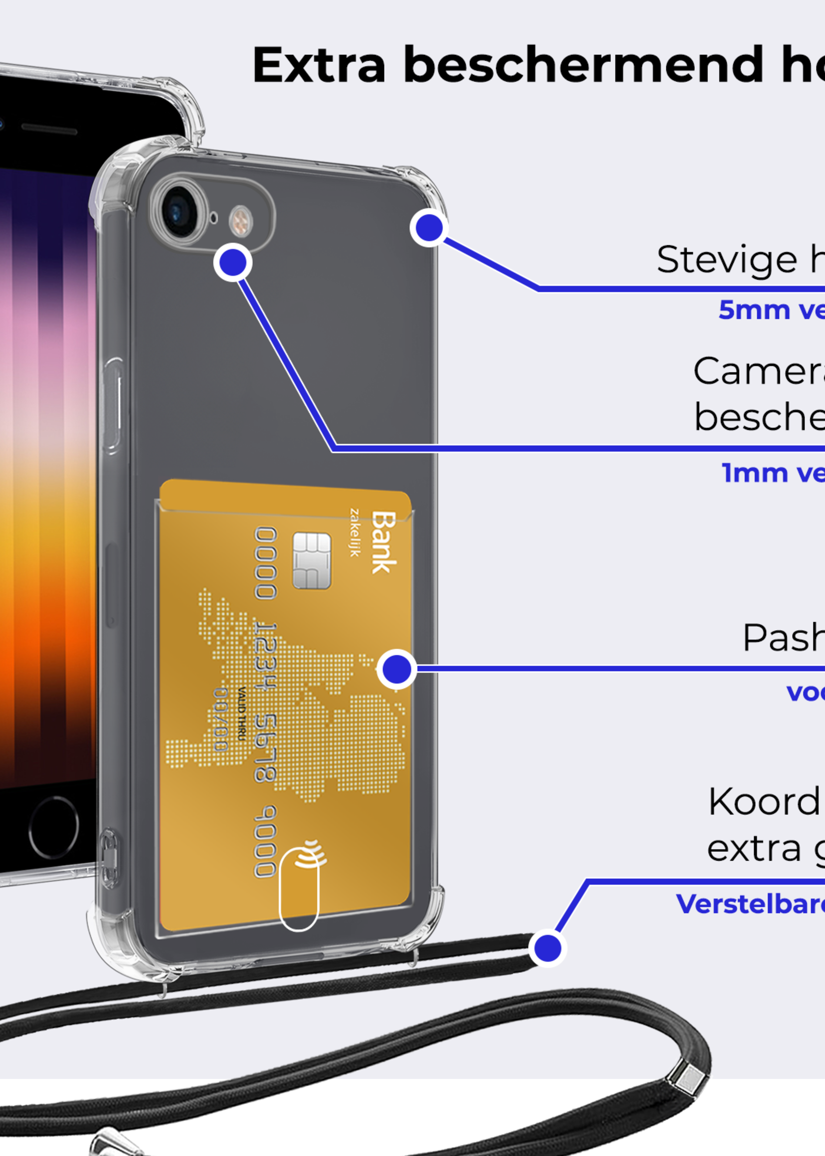 BTH Hoesje Geschikt voor iPhone 7 Hoesje Met Telefoonkoord en Pasjeshouder Met Screenprotector Siliconen - Hoes Geschikt voor iPhone 7 Hoesje Met Kaarthouder Shock Proof Case - Transparant