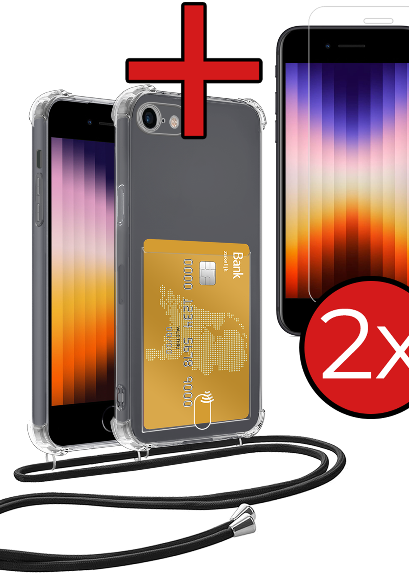 BTH Hoesje Geschikt voor iPhone 7 Hoesje Met Telefoonkoord en Pasjeshouder Met 2x Screenprotector Siliconen - Hoes Geschikt voor iPhone 7 Hoesje Met Kaarthouder Shock Proof Case - Transparant