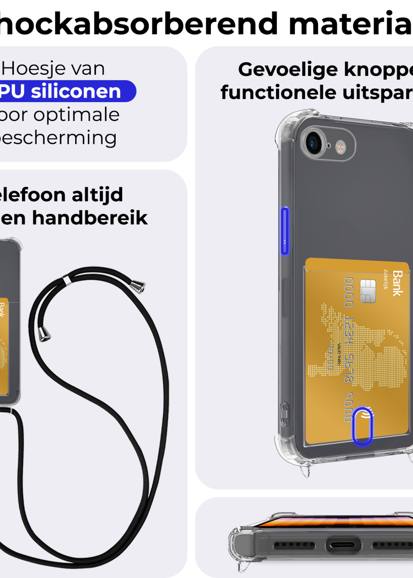 BTH Hoesje Geschikt voor iPhone 8 Hoesje Met Telefoonkoord en Pasjeshouder Met Screenprotector Siliconen - Hoes Geschikt voor iPhone 8 Hoesje Met Kaarthouder Shock Proof Case - Transparant