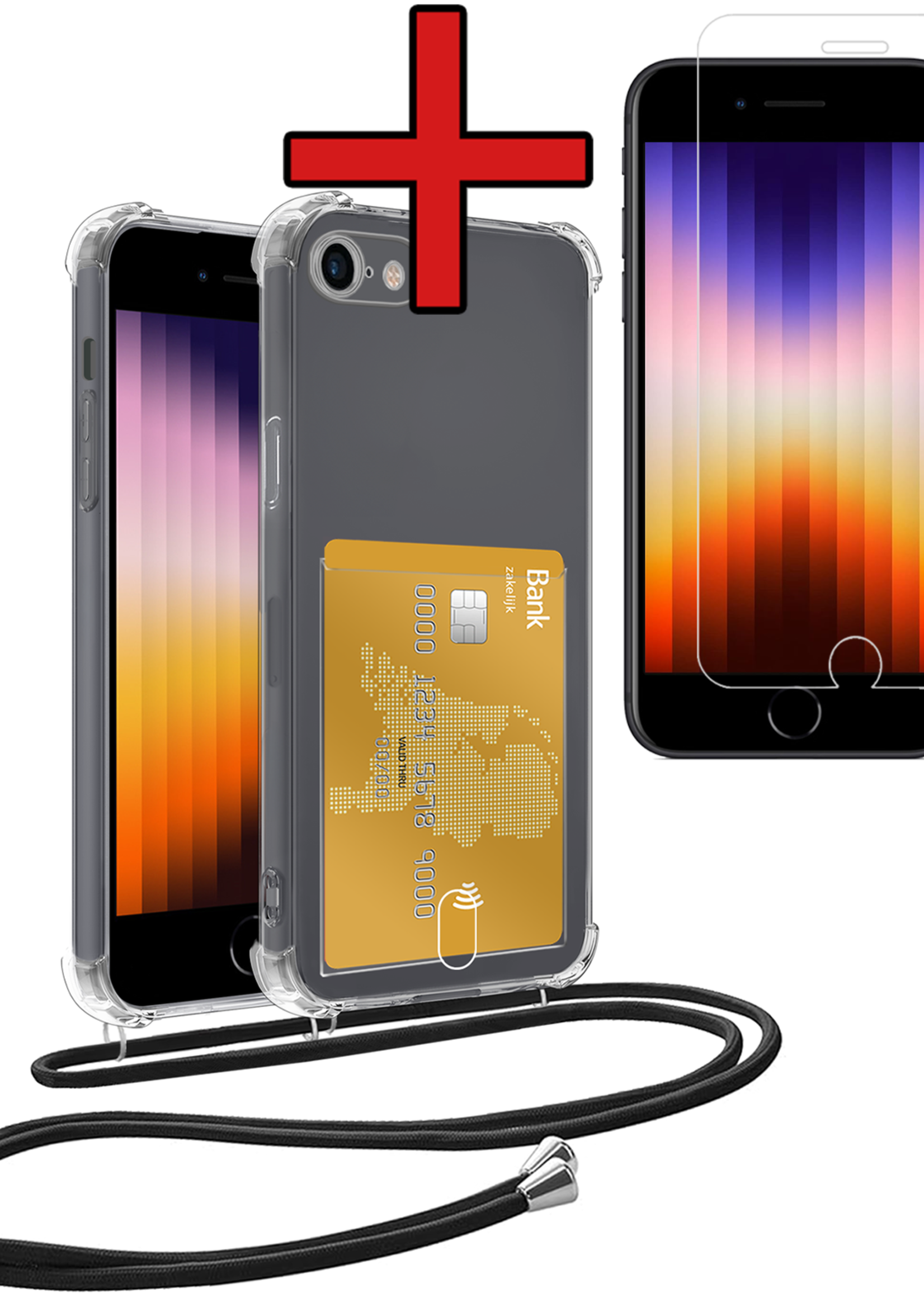 BTH Hoesje Geschikt voor iPhone 8 Hoesje Met Telefoonkoord en Pasjeshouder Met Screenprotector Siliconen - Hoes Geschikt voor iPhone 8 Hoesje Met Kaarthouder Shock Proof Case - Transparant