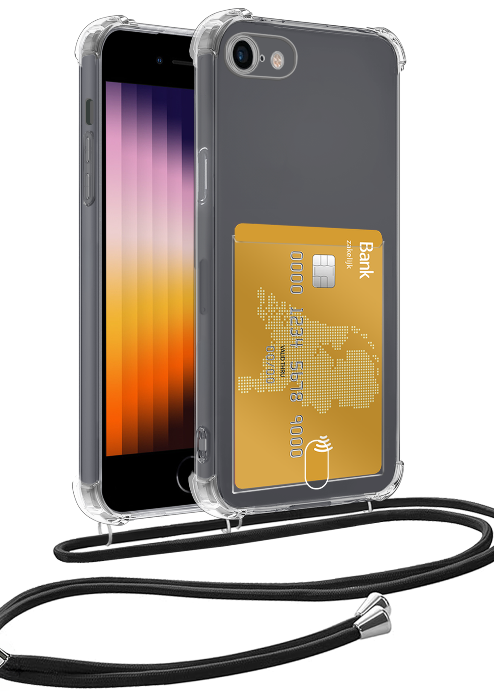 BTH Hoesje Geschikt voor iPhone SE 2020 Hoesje Met Telefoonkoord en Pasjeshouder Siliconen - Hoes Geschikt voor iPhone SE (2020) Hoesje Met Kaarthouder Shock Proof Case - Transparant