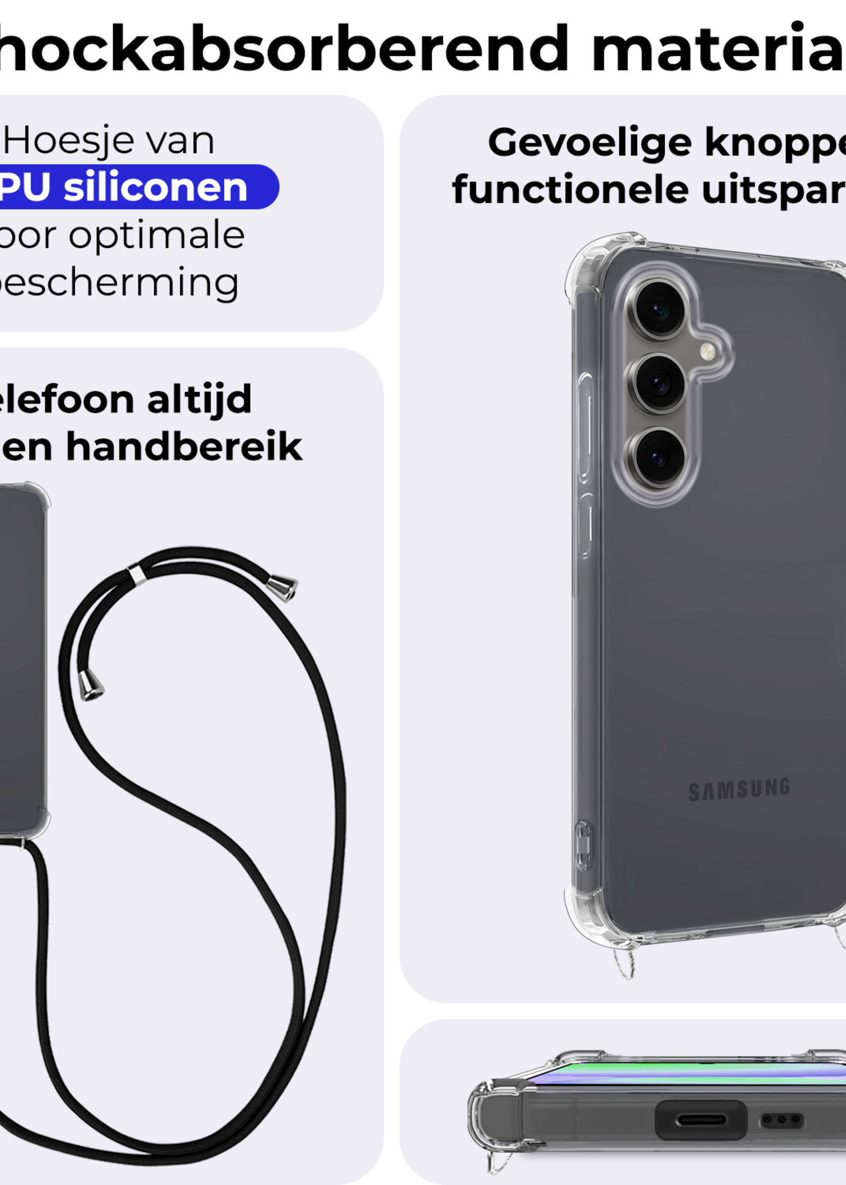 BTH Hoesje Geschikt voor Samsung S24 FE Hoesje Siliconen Shock Proof Hoesje Met Koord Case Met Telefoonkoord - Hoes Geschikt voor Samsung Galaxy S24 FE Hoesje Cover Shockproof Met Koord - Transparant