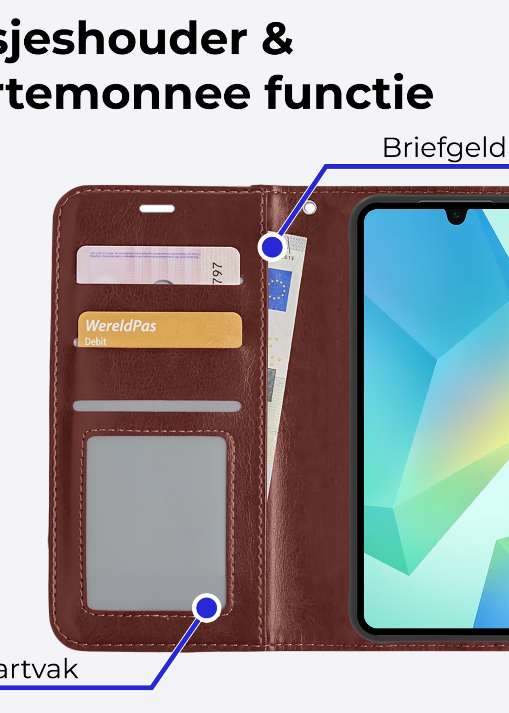 BTH Hoesje Geschikt voor Samsung A16 Hoesje Book Case Hoes Portemonnee Cover Walletcase - Hoes Geschikt voor Samsung Galaxy A16 Hoes Bookcase Hoesje - Bruin