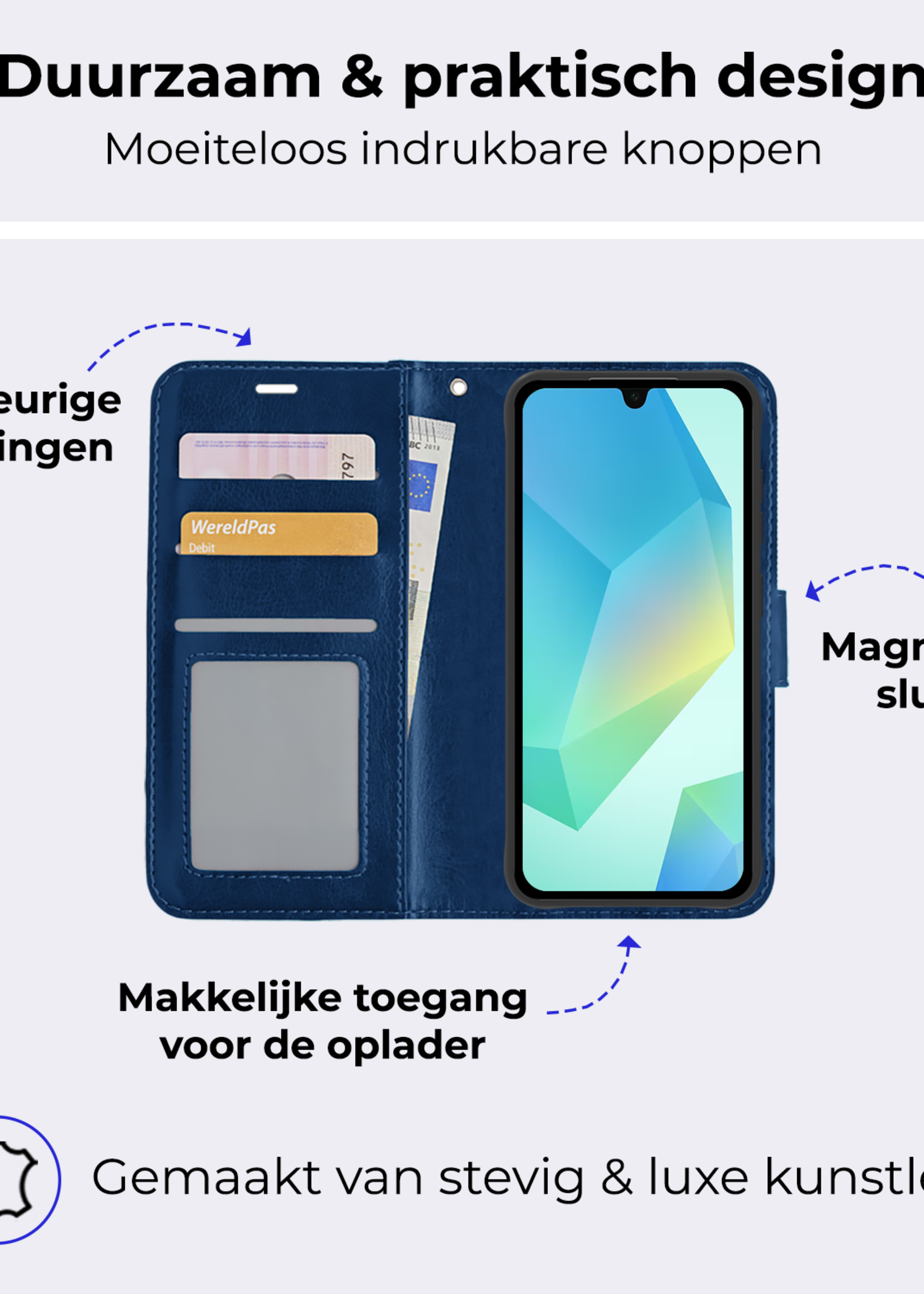 BTH Hoesje Geschikt voor Samsung A16 Hoesje Book Case Hoes Portemonnee Cover Walletcase - Hoes Geschikt voor Samsung Galaxy A16 Hoes Bookcase Hoesje - Donkerblauw