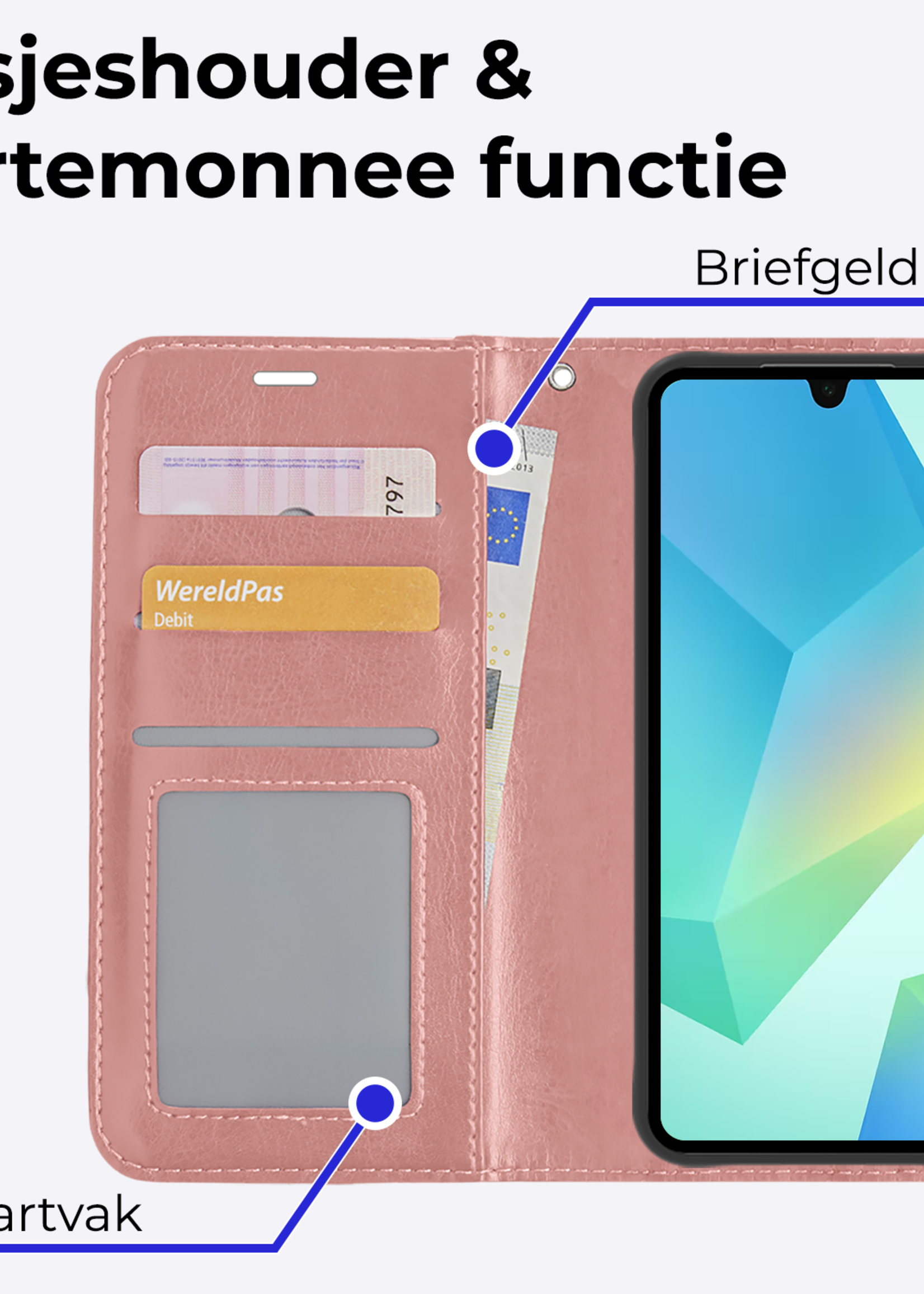BTH Hoesje Geschikt voor Samsung A16 Hoesje Book Case Hoes Portemonnee Cover Walletcase - Hoes Geschikt voor Samsung Galaxy A16 Hoes Bookcase Hoesje - Rosé goud