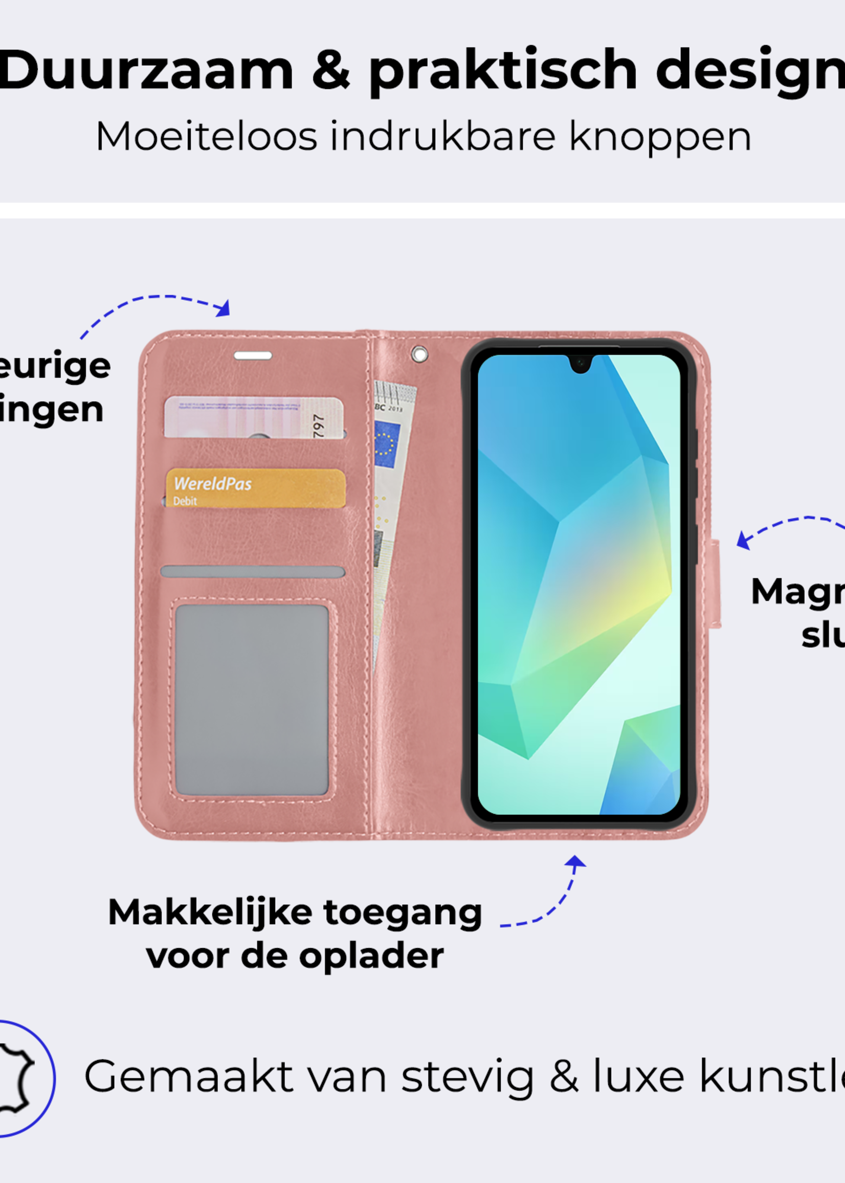 BTH Hoesje Geschikt voor Samsung A16 Hoesje Book Case Hoes Portemonnee Cover Walletcase - Hoes Geschikt voor Samsung Galaxy A16 Hoes Bookcase Hoesje - Rosé goud