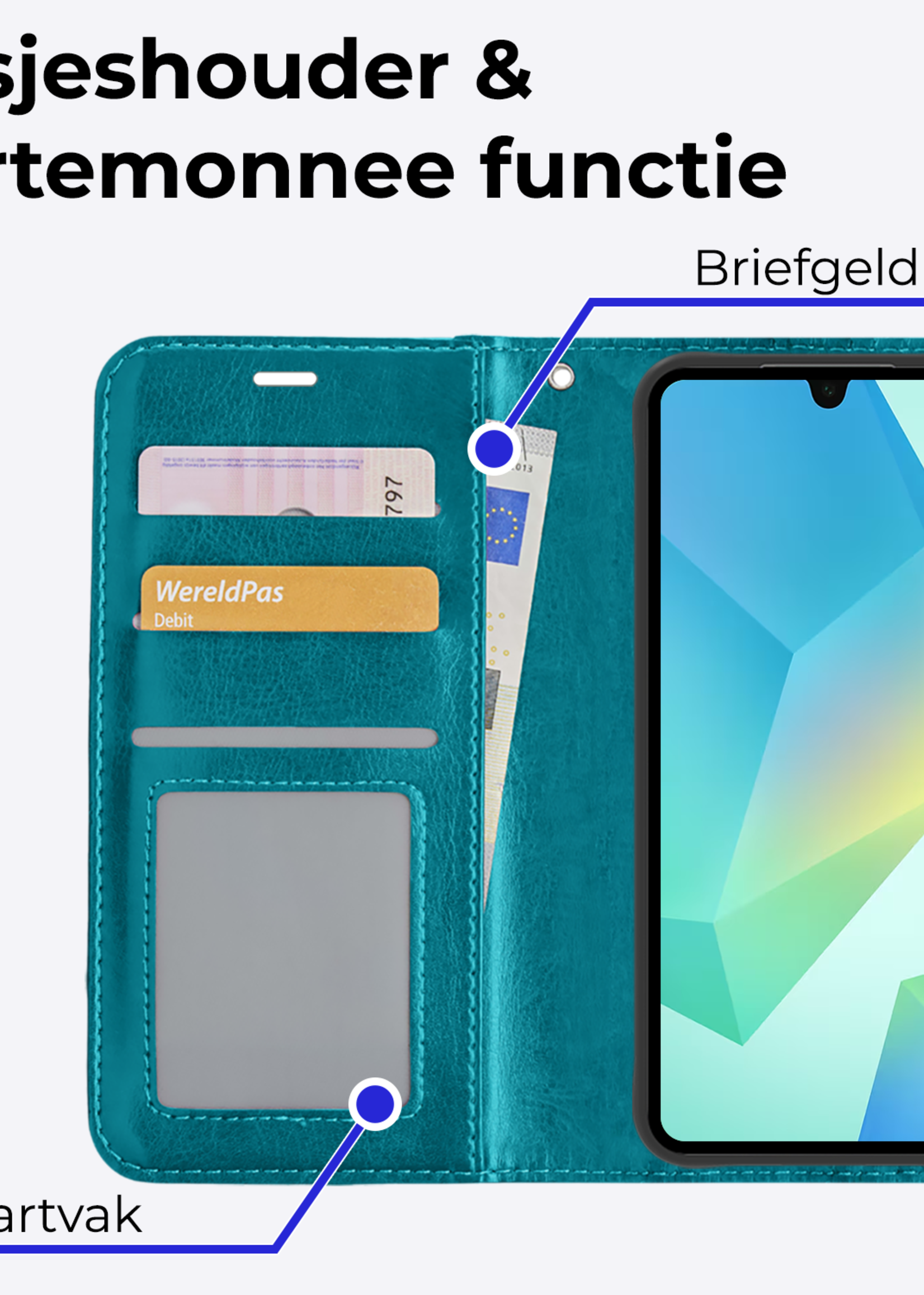 BTH Hoesje Geschikt voor Samsung A16 Hoesje Book Case Hoes Portemonnee Cover Walletcase - Hoes Geschikt voor Samsung Galaxy A16 Hoes Bookcase Hoesje - Turquoise