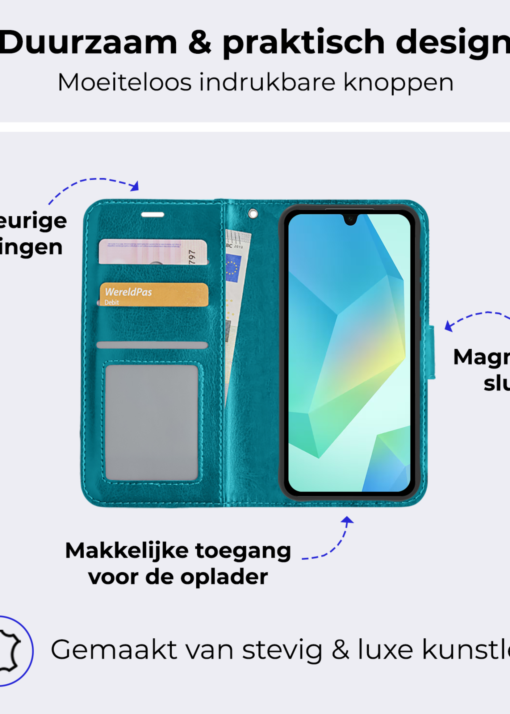 BTH Hoesje Geschikt voor Samsung A16 Hoesje Book Case Hoes Portemonnee Cover Walletcase - Hoes Geschikt voor Samsung Galaxy A16 Hoes Bookcase Hoesje - Turquoise