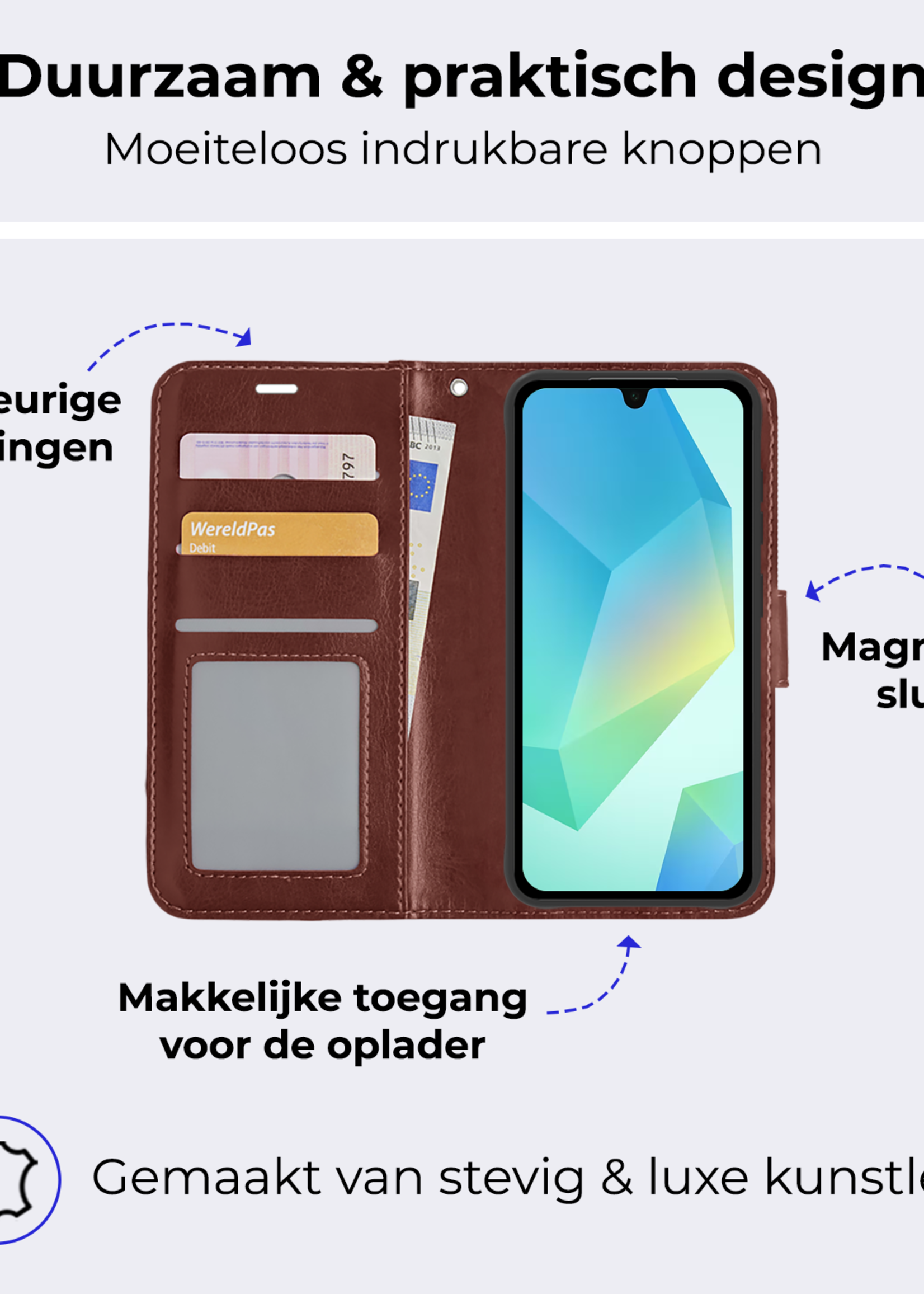 BTH Hoesje Geschikt voor Samsung A16 Hoesje Book Case Hoes Portemonnee Cover Walletcase Met Screenprotector - Hoes Geschikt voor Samsung Galaxy A16 Hoes Bookcase Hoesje - Bruin