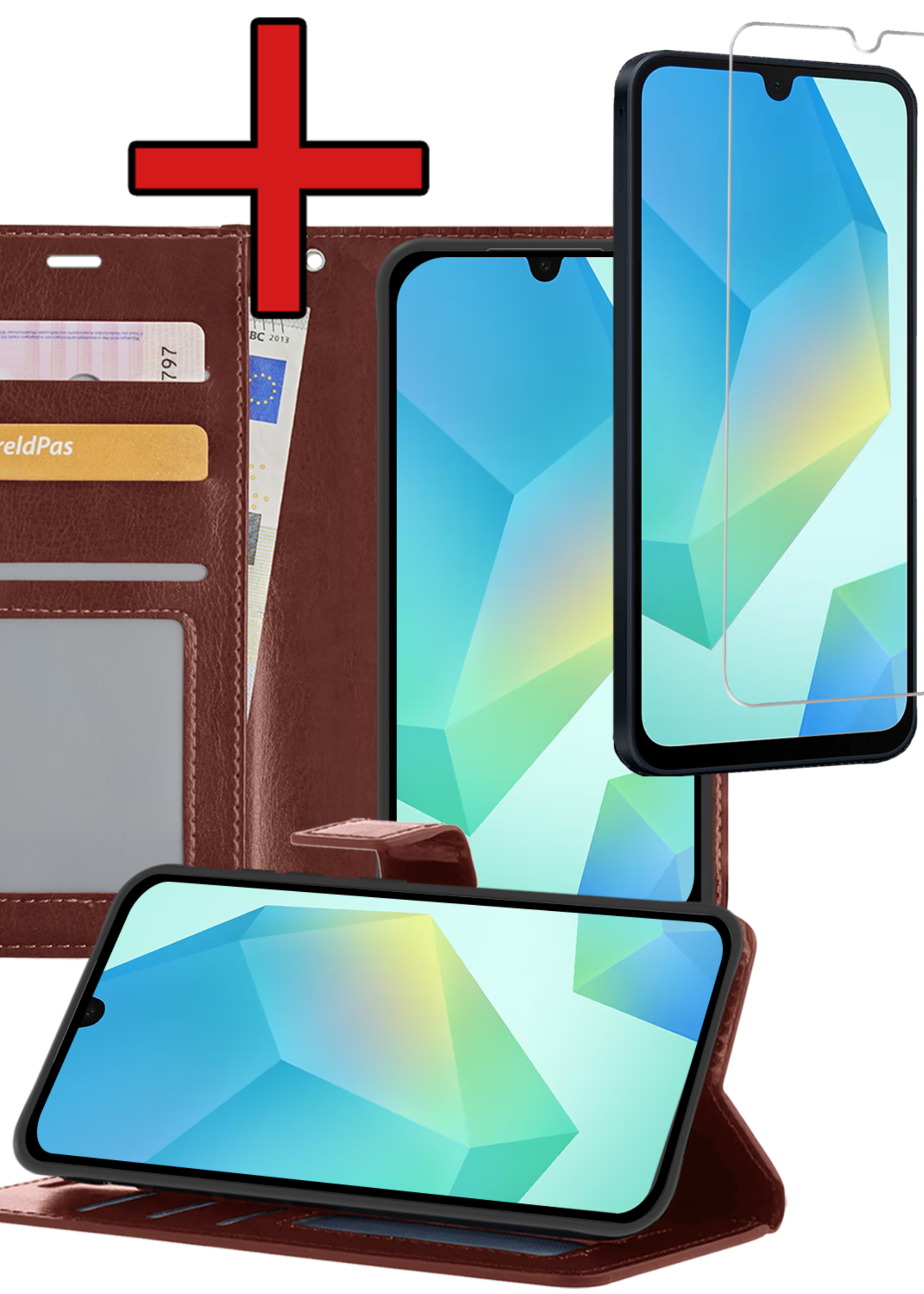 BTH Hoesje Geschikt voor Samsung A16 Hoesje Book Case Hoes Portemonnee Cover Walletcase Met Screenprotector - Hoes Geschikt voor Samsung Galaxy A16 Hoes Bookcase Hoesje - Bruin