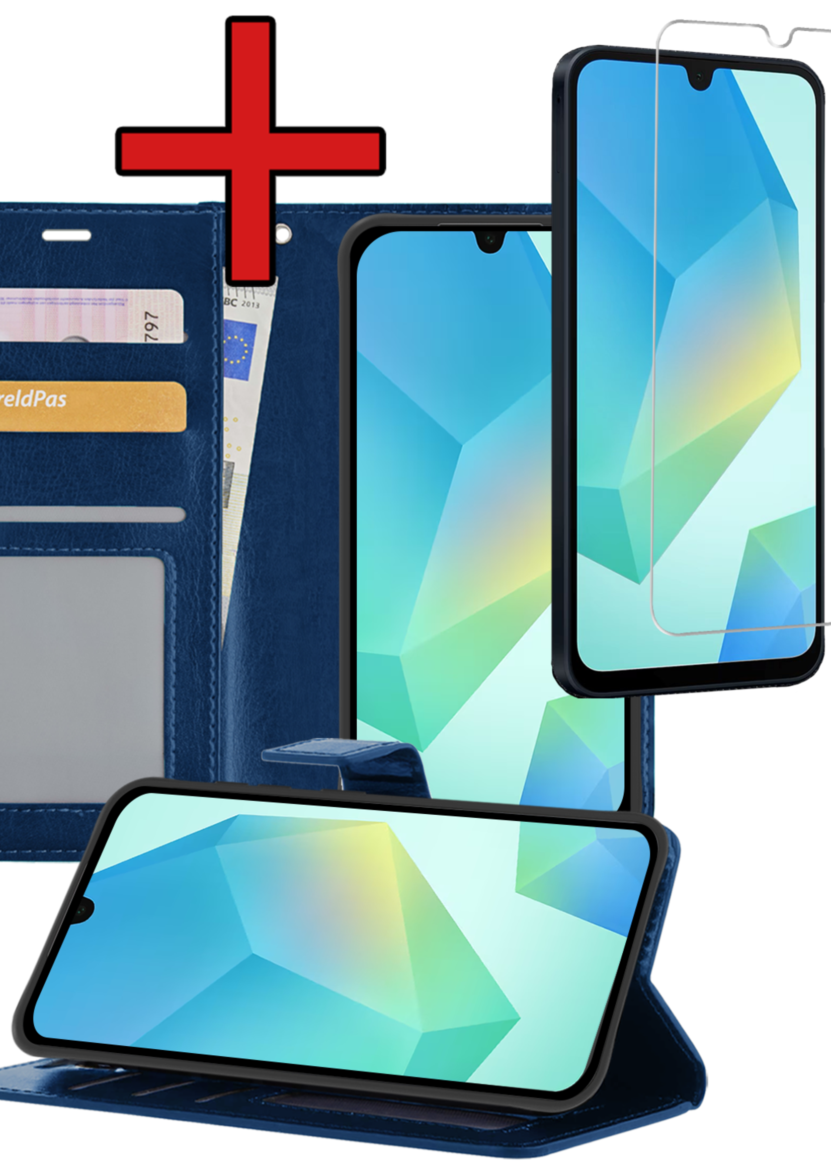 BTH Hoesje Geschikt voor Samsung A16 Hoesje Book Case Hoes Portemonnee Cover Walletcase Met Screenprotector - Hoes Geschikt voor Samsung Galaxy A16 Hoes Bookcase Hoesje - Donkerblauw