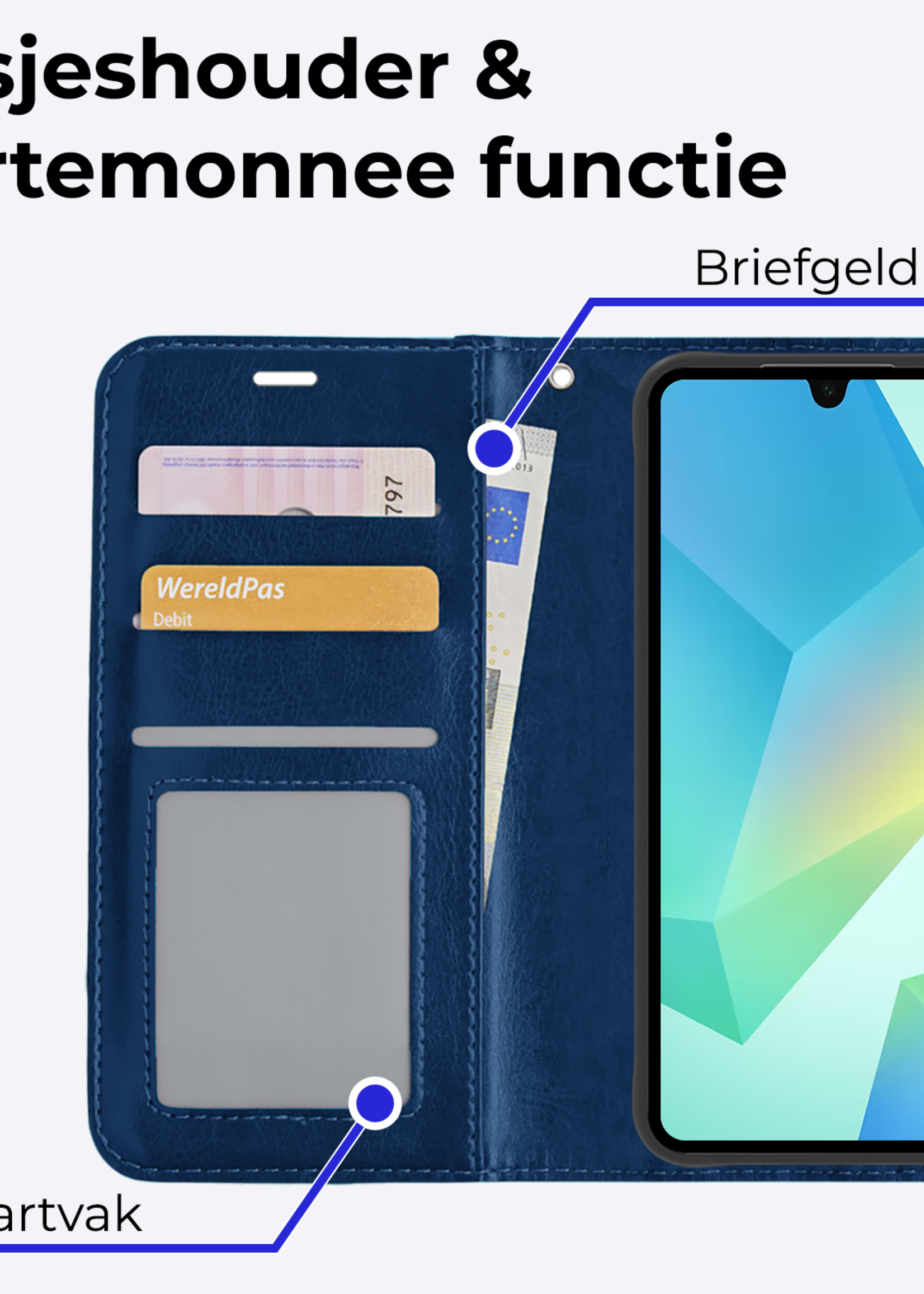 BTH Hoesje Geschikt voor Samsung A16 Hoesje Book Case Hoes Portemonnee Cover Walletcase Met Screenprotector - Hoes Geschikt voor Samsung Galaxy A16 Hoes Bookcase Hoesje - Donkerblauw
