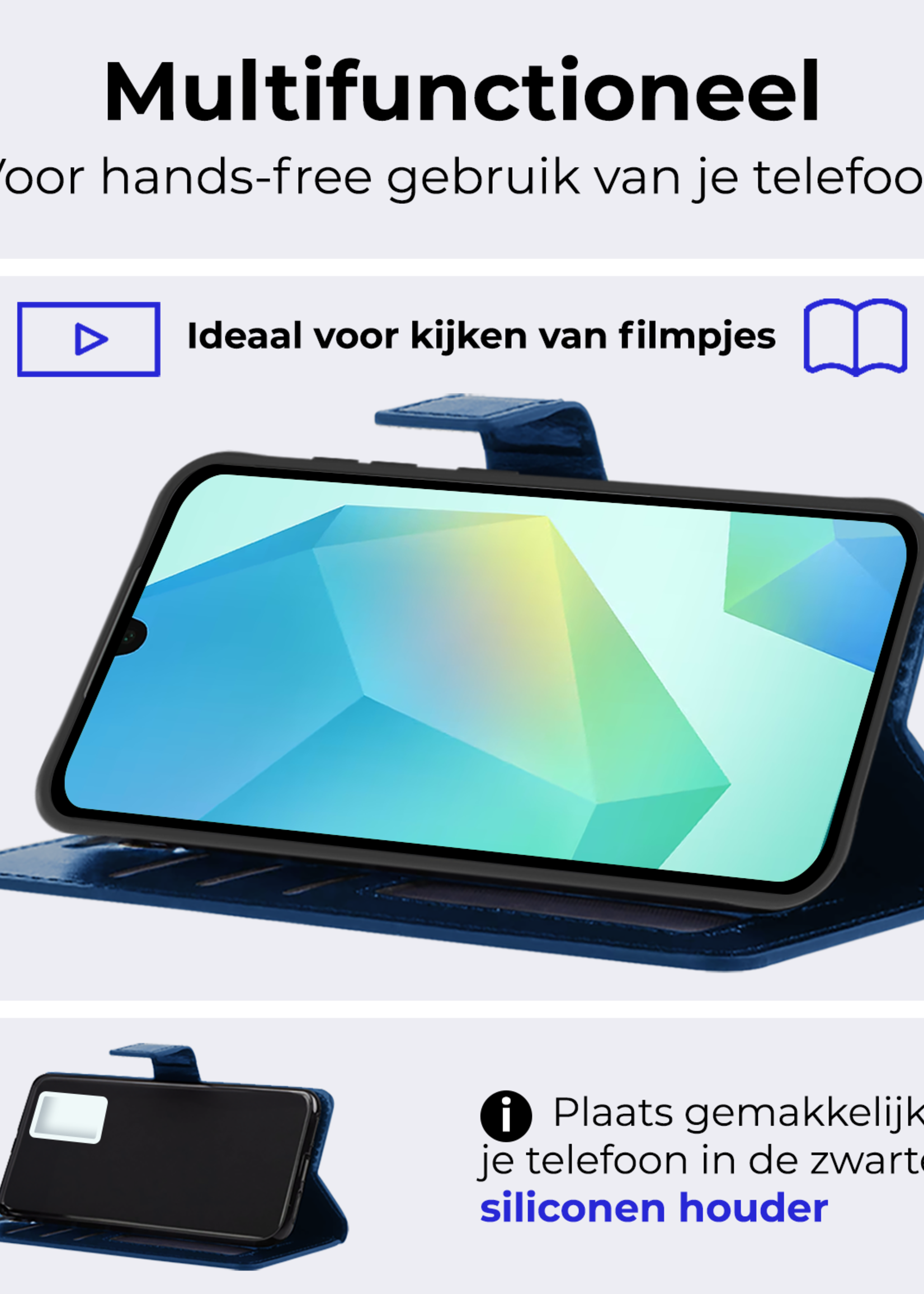BTH Hoesje Geschikt voor Samsung A16 Hoesje Book Case Hoes Portemonnee Cover Walletcase Met Screenprotector - Hoes Geschikt voor Samsung Galaxy A16 Hoes Bookcase Hoesje - Donkerblauw