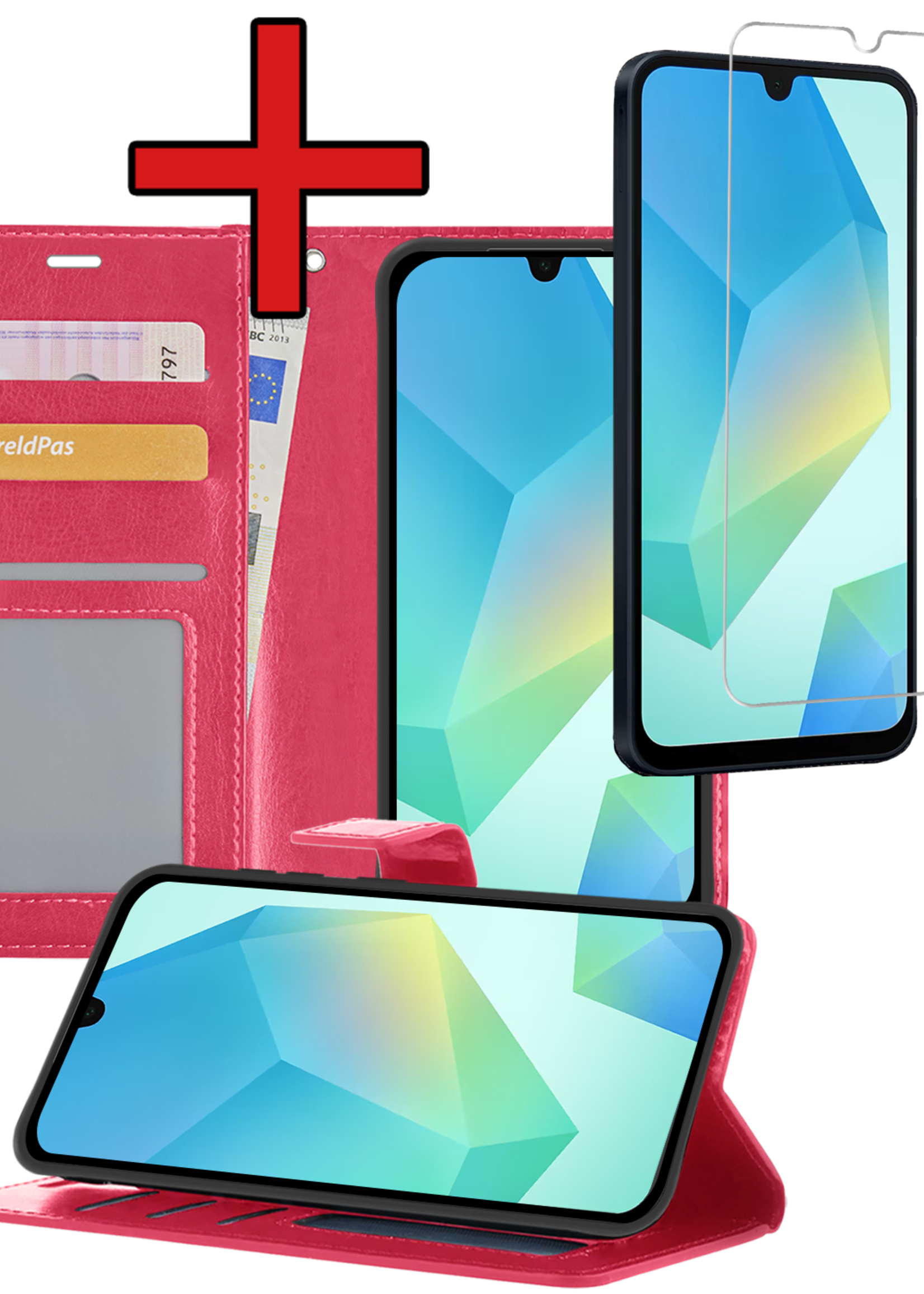 BTH Hoesje Geschikt voor Samsung A16 Hoesje Book Case Hoes Portemonnee Cover Walletcase Met Screenprotector - Hoes Geschikt voor Samsung Galaxy A16 Hoes Bookcase Hoesje - Donkerroze
