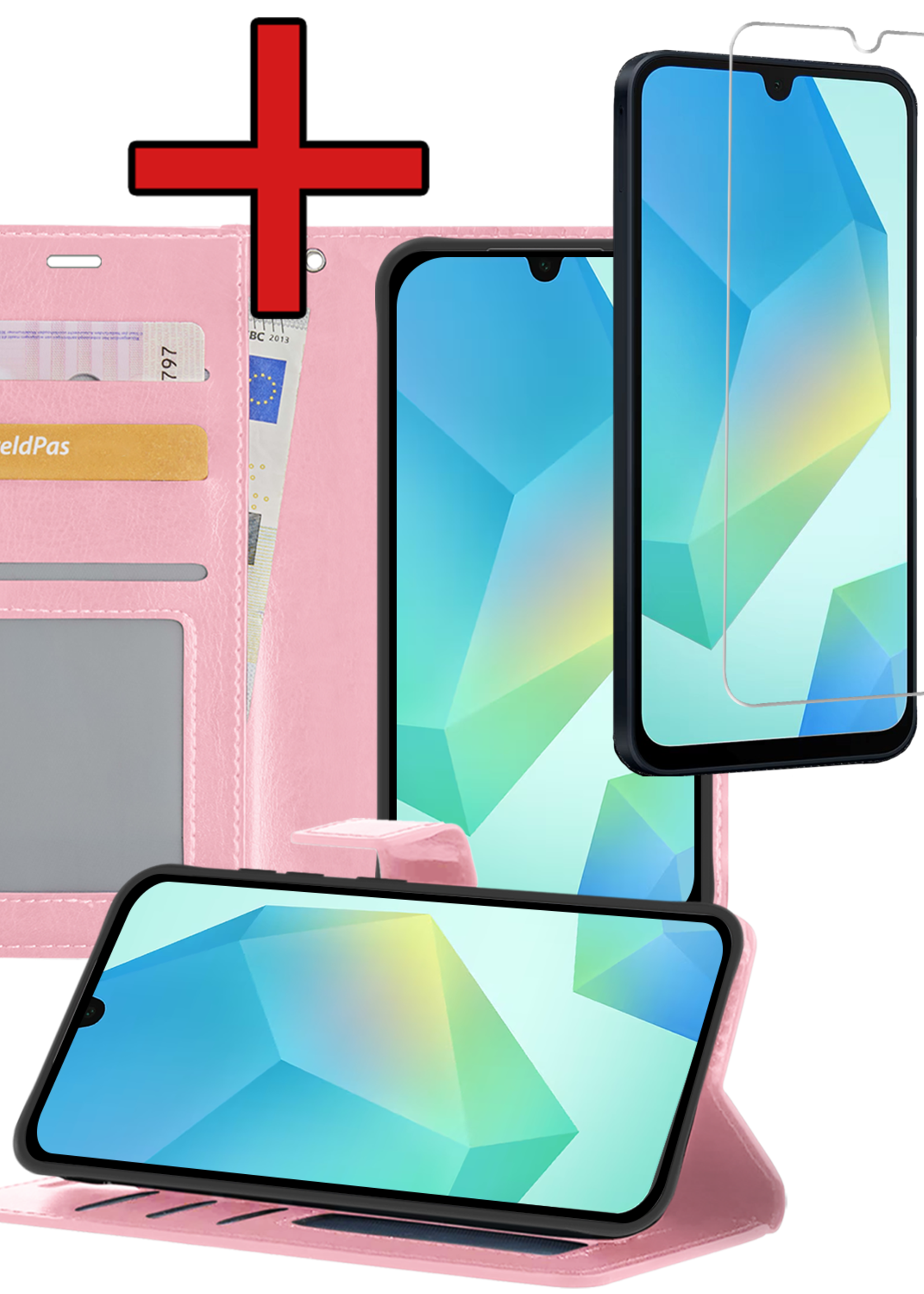 BTH Hoesje Geschikt voor Samsung A16 Hoesje Book Case Hoes Portemonnee Cover Walletcase Met Screenprotector - Hoes Geschikt voor Samsung Galaxy A16 Hoes Bookcase Hoesje - Lichtroze