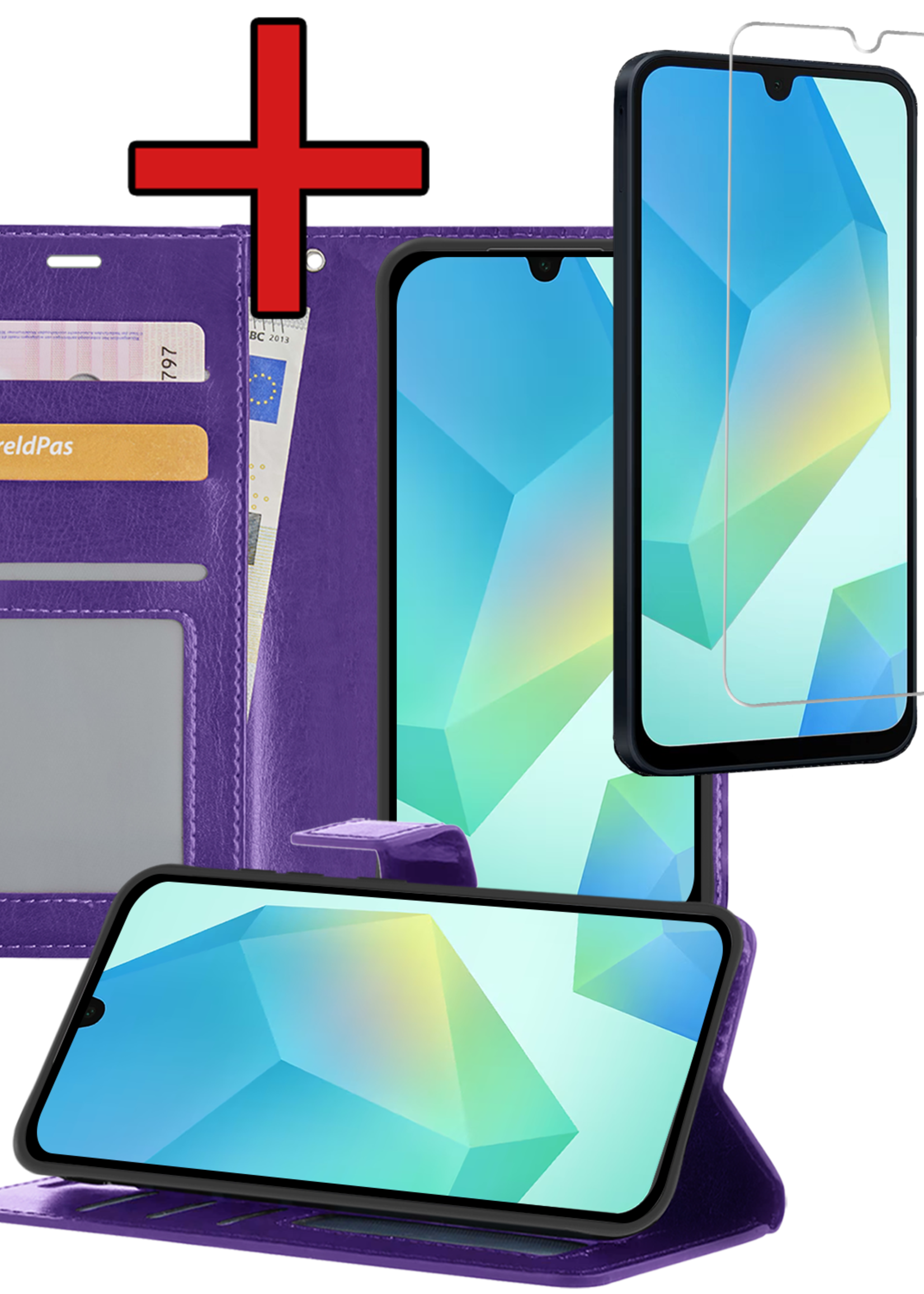 BTH Hoesje Geschikt voor Samsung A16 Hoesje Book Case Hoes Portemonnee Cover Walletcase Met Screenprotector - Hoes Geschikt voor Samsung Galaxy A16 Hoes Bookcase Hoesje - Paars