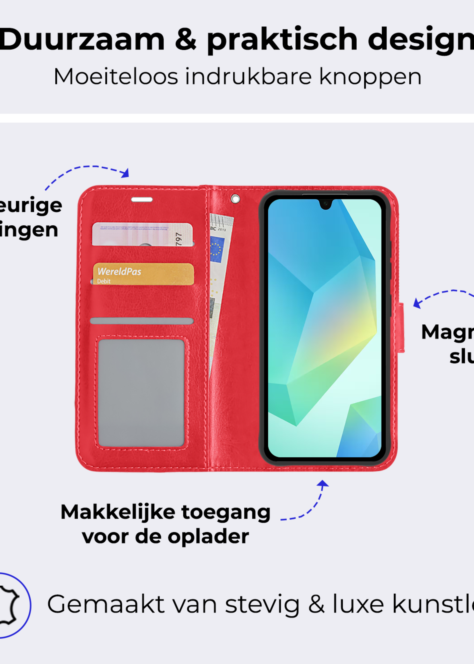 BTH Hoesje Geschikt voor Samsung A16 Hoesje Book Case Hoes Portemonnee Cover Walletcase Met Screenprotector - Hoes Geschikt voor Samsung Galaxy A16 Hoes Bookcase Hoesje - Rood