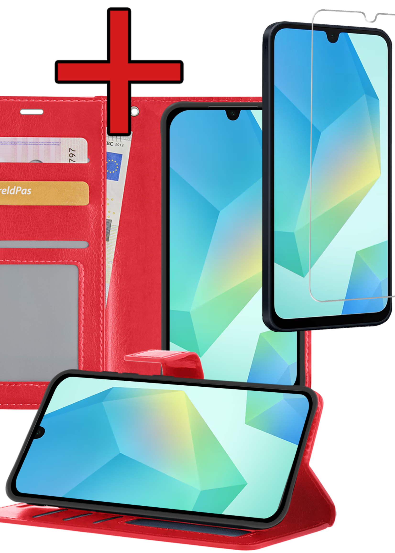 BTH Hoesje Geschikt voor Samsung A16 Hoesje Book Case Hoes Portemonnee Cover Walletcase Met Screenprotector - Hoes Geschikt voor Samsung Galaxy A16 Hoes Bookcase Hoesje - Rood