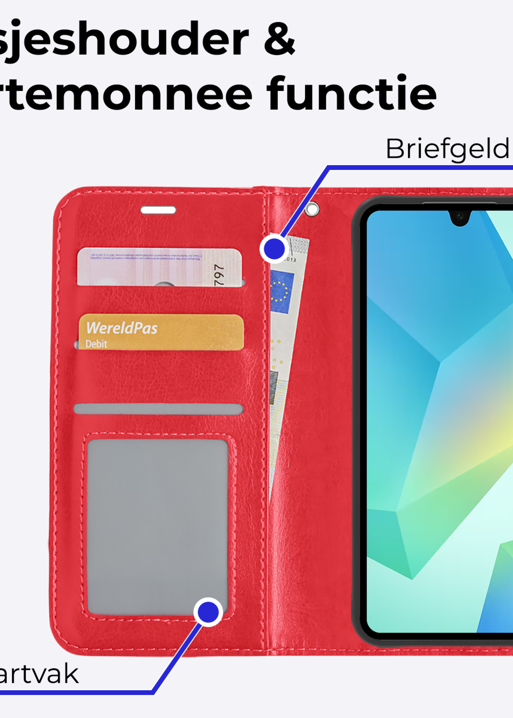 BTH Hoesje Geschikt voor Samsung A16 Hoesje Book Case Hoes Portemonnee Cover Walletcase Met Screenprotector - Hoes Geschikt voor Samsung Galaxy A16 Hoes Bookcase Hoesje - Rood