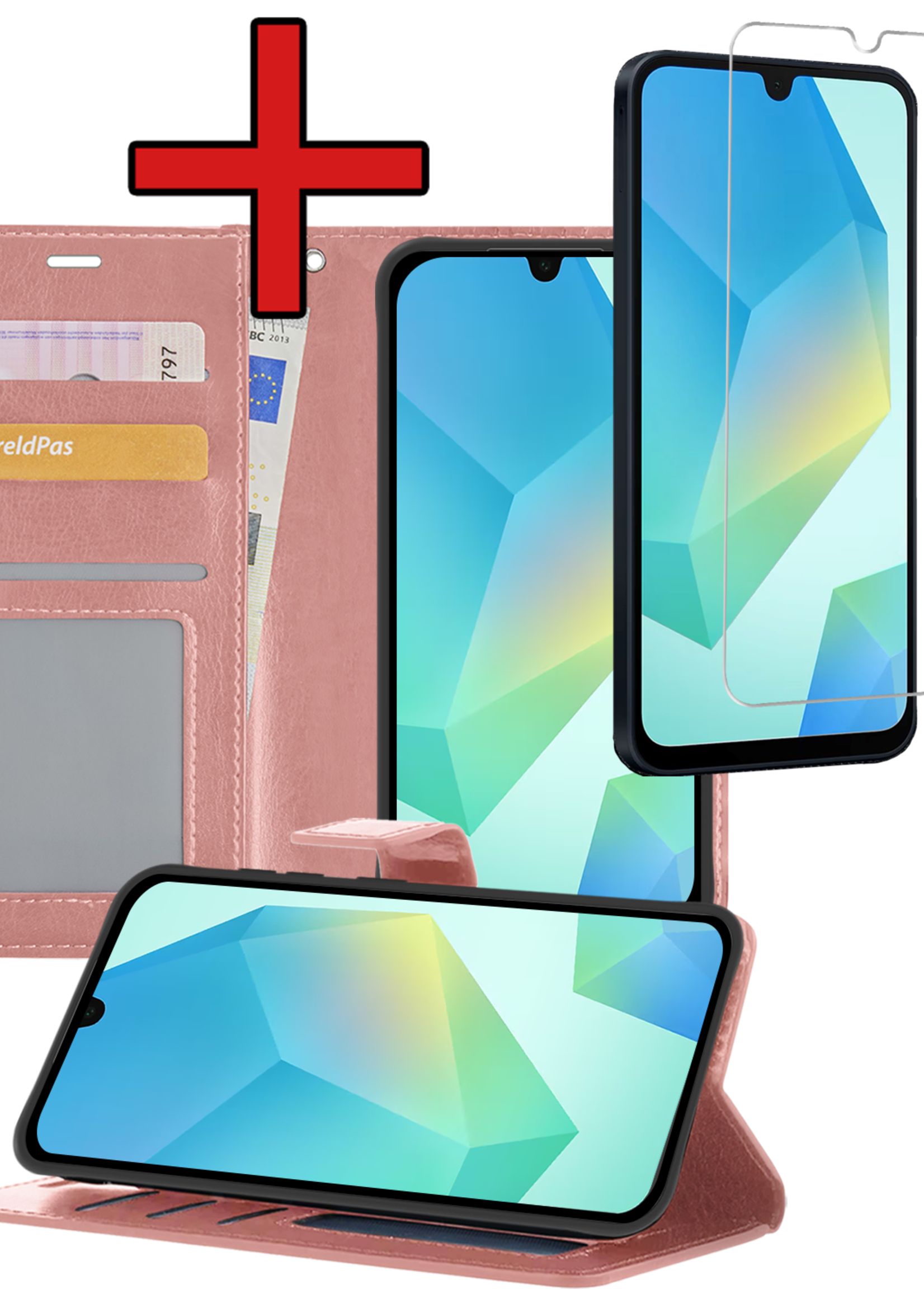 BTH Hoesje Geschikt voor Samsung A16 Hoesje Book Case Hoes Portemonnee Cover Walletcase Met Screenprotector - Hoes Geschikt voor Samsung Galaxy A16 Hoes Bookcase Hoesje - Rosé goud