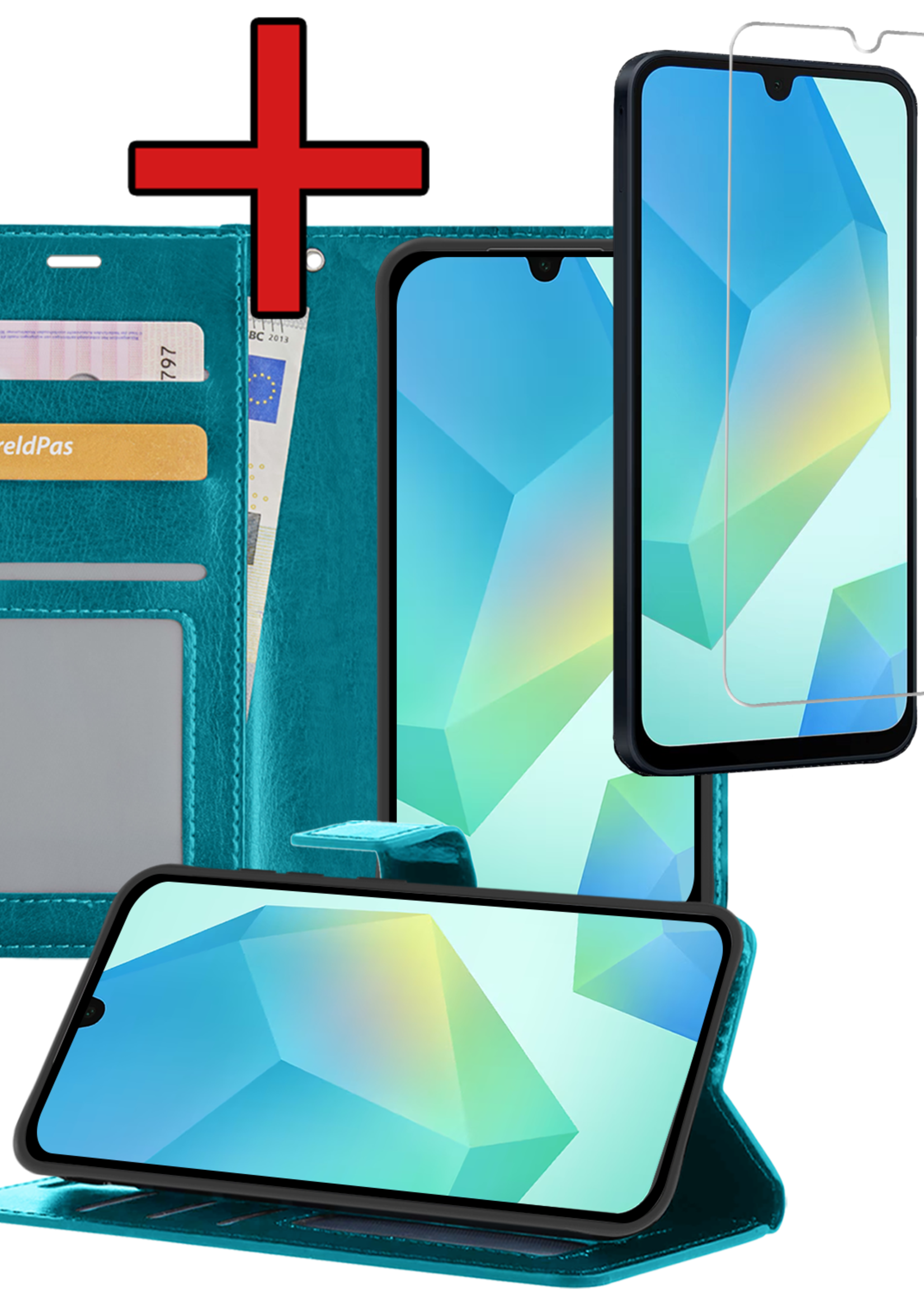 BTH Hoesje Geschikt voor Samsung A16 Hoesje Book Case Hoes Portemonnee Cover Walletcase Met Screenprotector - Hoes Geschikt voor Samsung Galaxy A16 Hoes Bookcase Hoesje - Turquoise