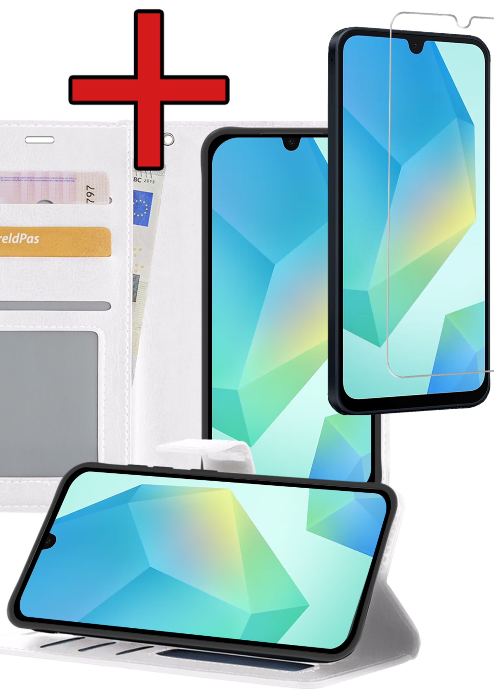 BTH Hoesje Geschikt voor Samsung A16 Hoesje Book Case Hoes Portemonnee Cover Walletcase Met Screenprotector - Hoes Geschikt voor Samsung Galaxy A16 Hoes Bookcase Hoesje - Wit