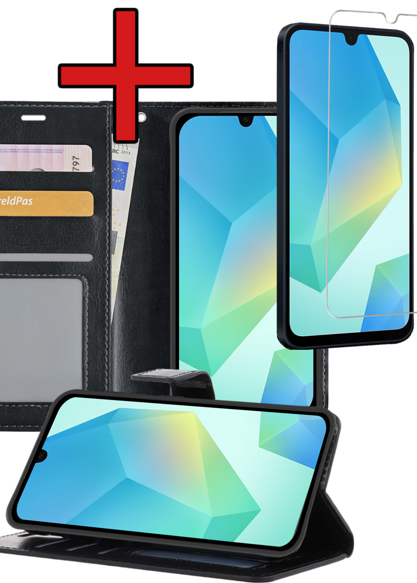 BTH Hoesje Geschikt voor Samsung A16 Hoesje Book Case Hoes Portemonnee Cover Walletcase Met Screenprotector - Hoes Geschikt voor Samsung Galaxy A16 Hoes Bookcase Hoesje - Zwart