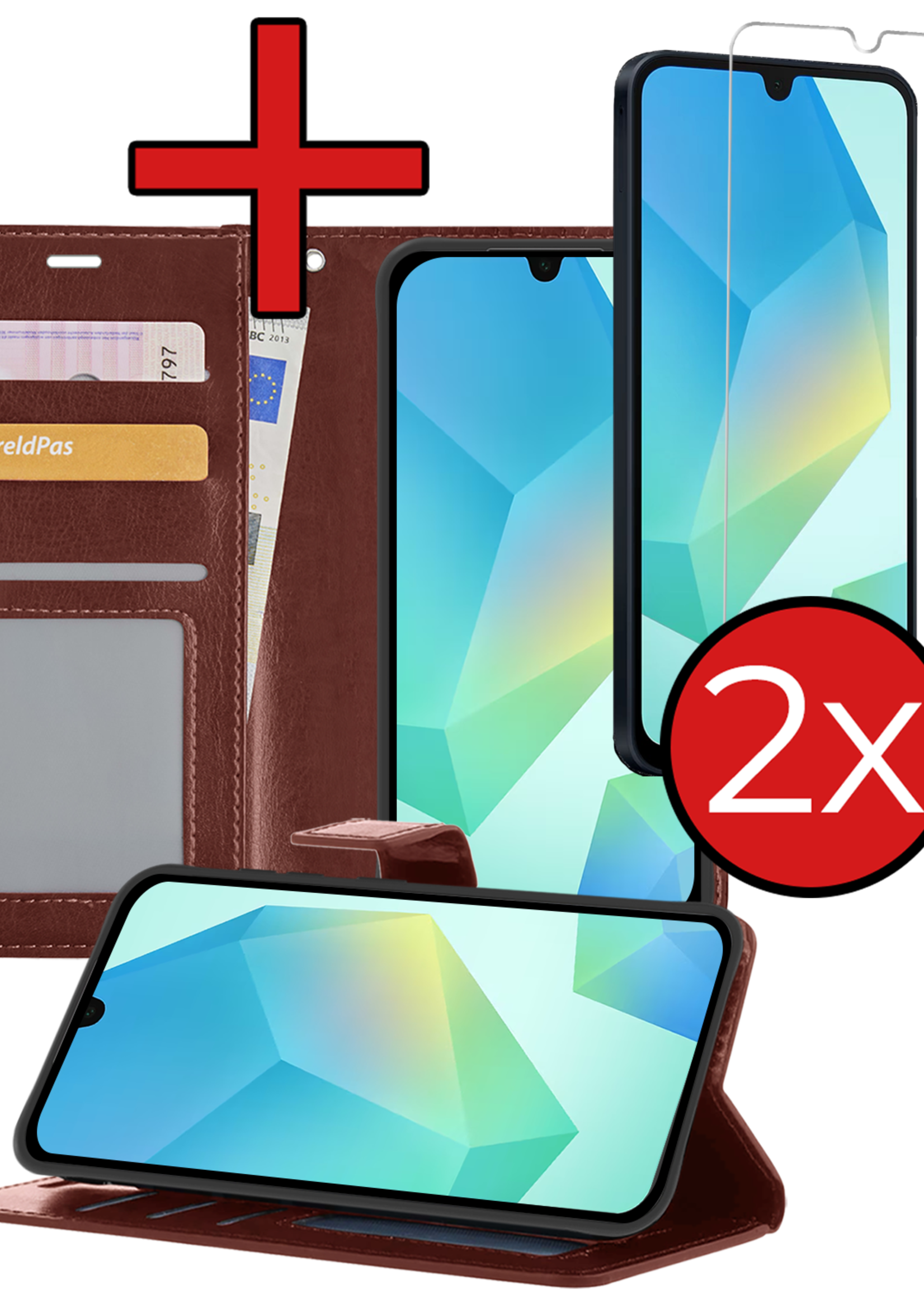 BTH Hoesje Geschikt voor Samsung A16 Hoesje Book Case Hoes Portemonnee Cover Walletcase Met 2x Screenprotector - Hoes Geschikt voor Samsung Galaxy A16 Hoes Bookcase Hoesje - Bruin