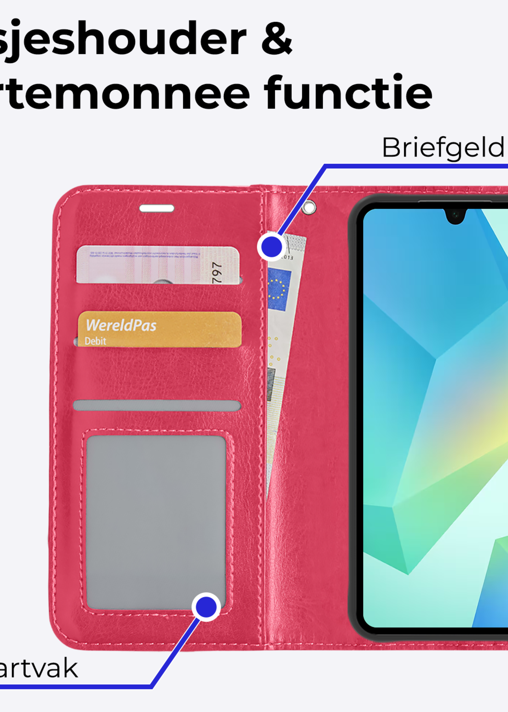 BTH Hoesje Geschikt voor Samsung A16 Hoesje Book Case Hoes Portemonnee Cover Walletcase Met 2x Screenprotector - Hoes Geschikt voor Samsung Galaxy A16 Hoes Bookcase Hoesje - Donkerroze