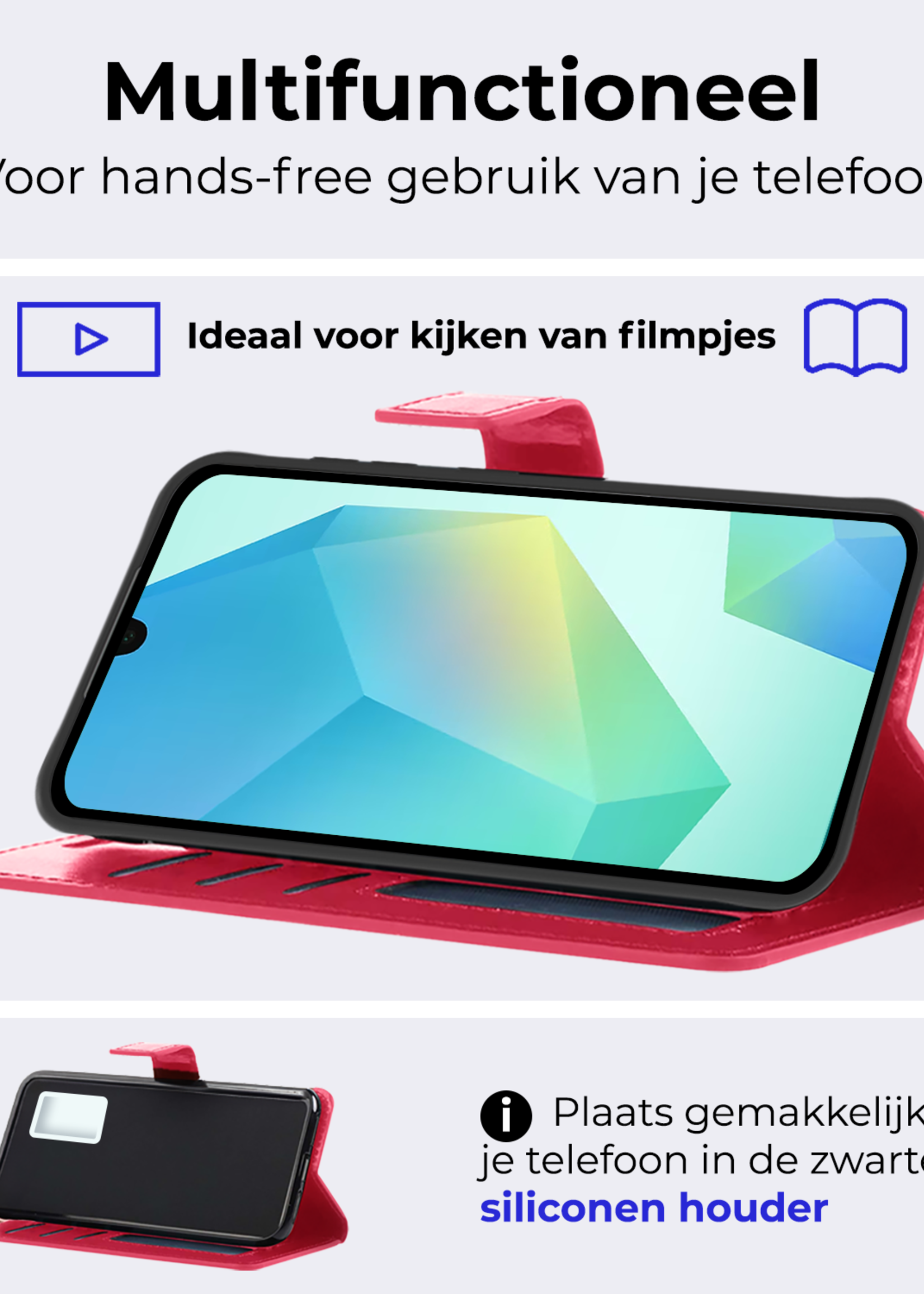 BTH Hoesje Geschikt voor Samsung A16 Hoesje Book Case Hoes Portemonnee Cover Walletcase Met 2x Screenprotector - Hoes Geschikt voor Samsung Galaxy A16 Hoes Bookcase Hoesje - Donkerroze