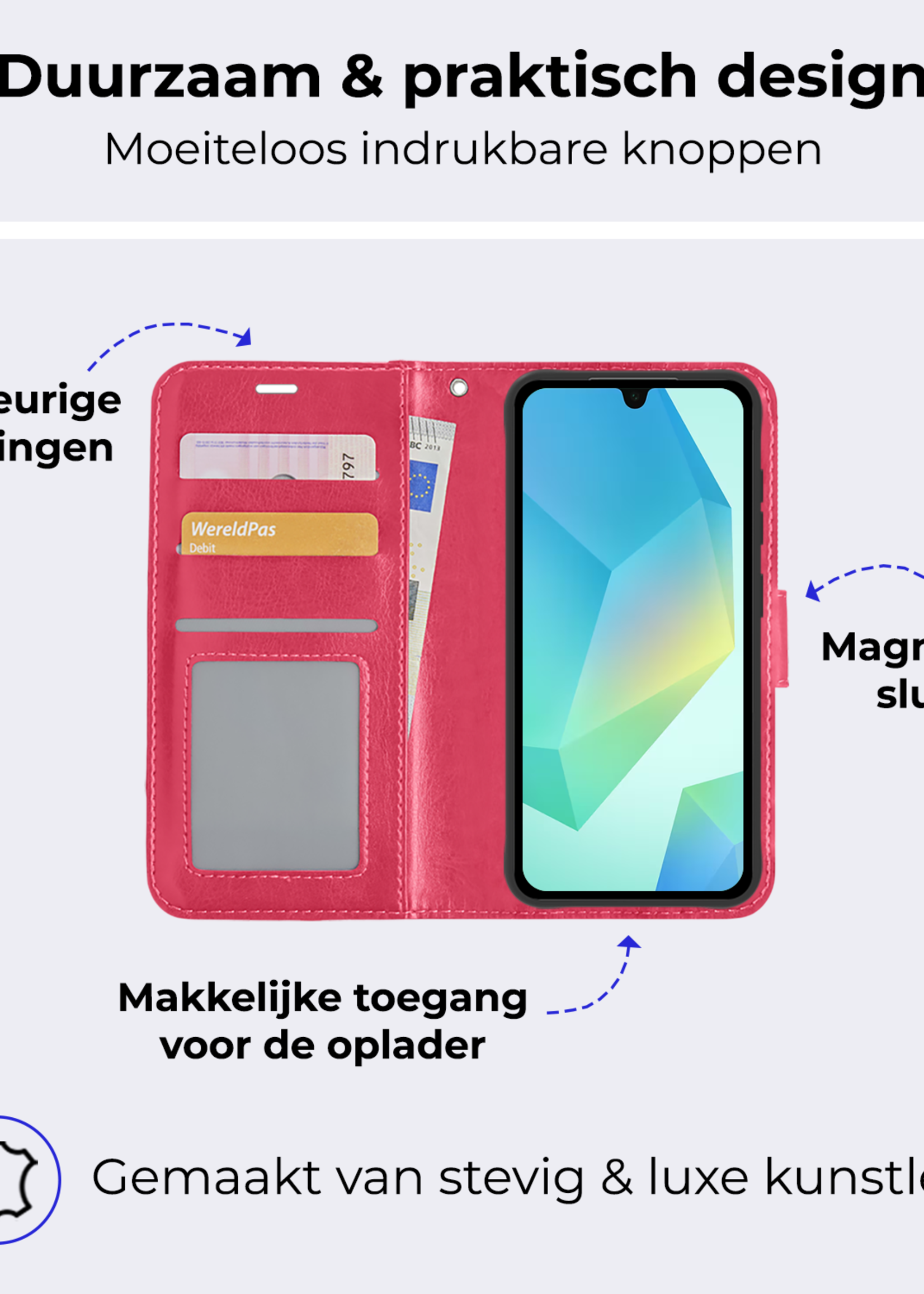 BTH Hoesje Geschikt voor Samsung A16 Hoesje Book Case Hoes Portemonnee Cover Walletcase Met 2x Screenprotector - Hoes Geschikt voor Samsung Galaxy A16 Hoes Bookcase Hoesje - Donkerroze