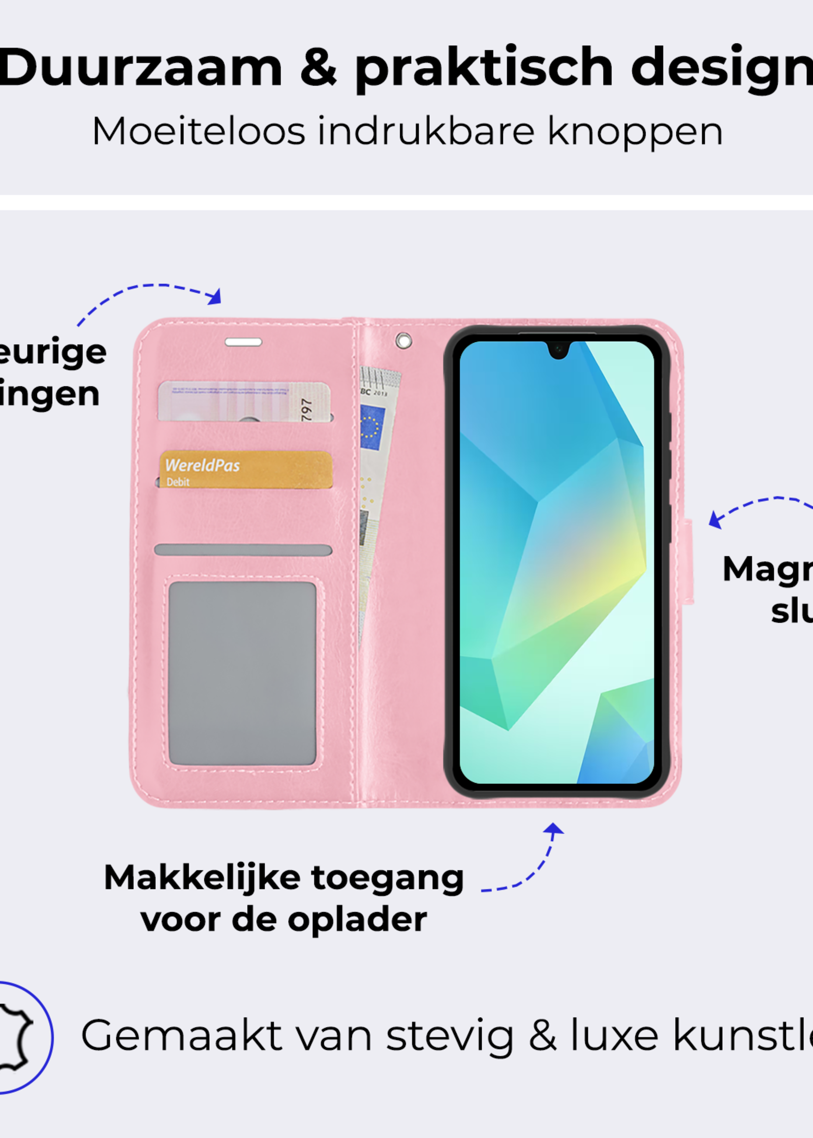 BTH Hoesje Geschikt voor Samsung A16 Hoesje Book Case Hoes Portemonnee Cover Walletcase Met 2x Screenprotector - Hoes Geschikt voor Samsung Galaxy A16 Hoes Bookcase Hoesje - Lichtroze