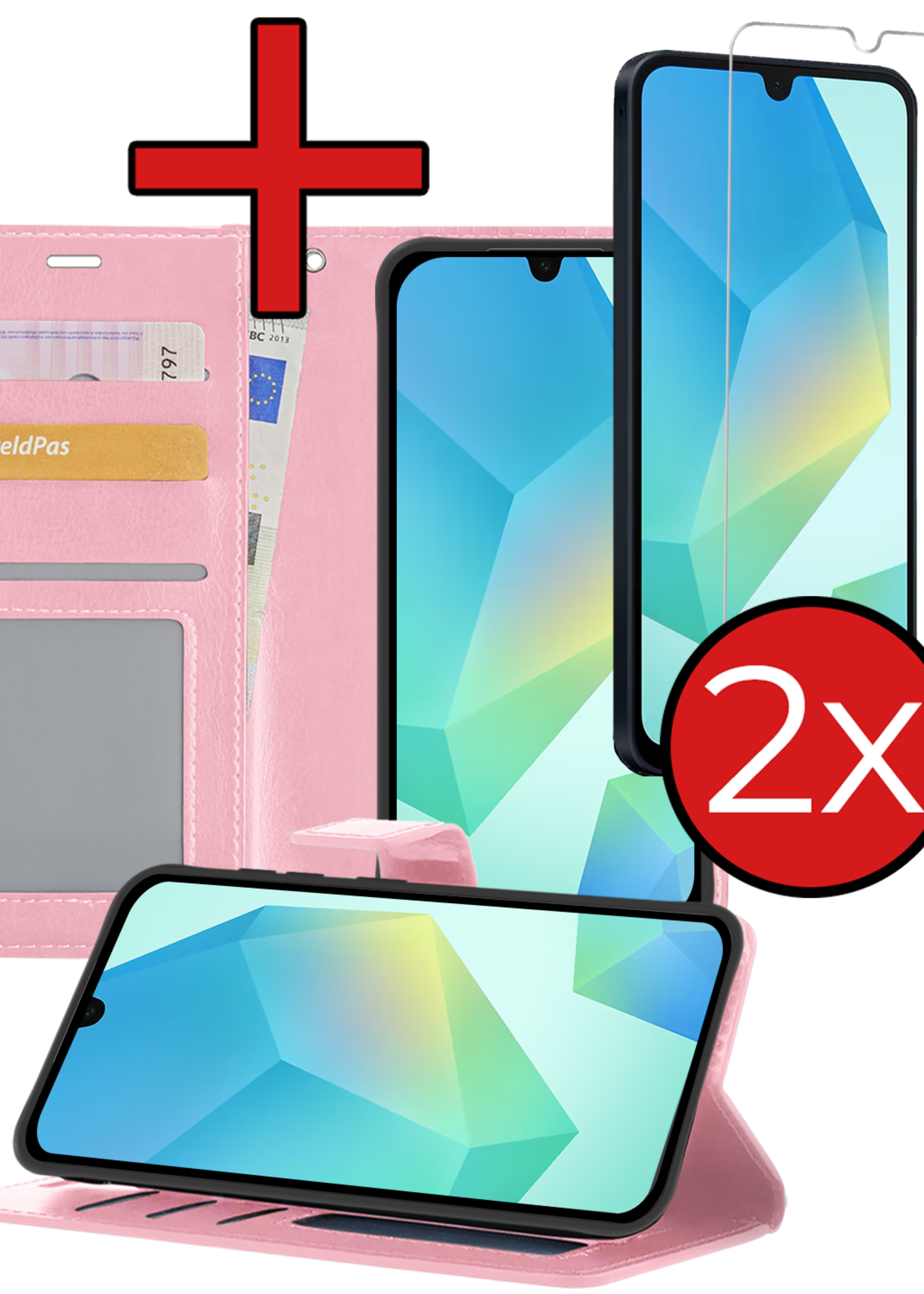 BTH Hoesje Geschikt voor Samsung A16 Hoesje Book Case Hoes Portemonnee Cover Walletcase Met 2x Screenprotector - Hoes Geschikt voor Samsung Galaxy A16 Hoes Bookcase Hoesje - Lichtroze