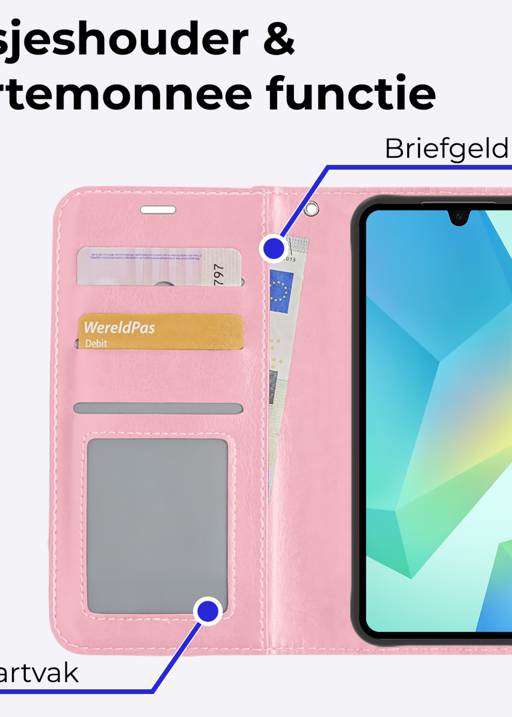 BTH Hoesje Geschikt voor Samsung A16 Hoesje Book Case Hoes Portemonnee Cover Walletcase Met 2x Screenprotector - Hoes Geschikt voor Samsung Galaxy A16 Hoes Bookcase Hoesje - Lichtroze