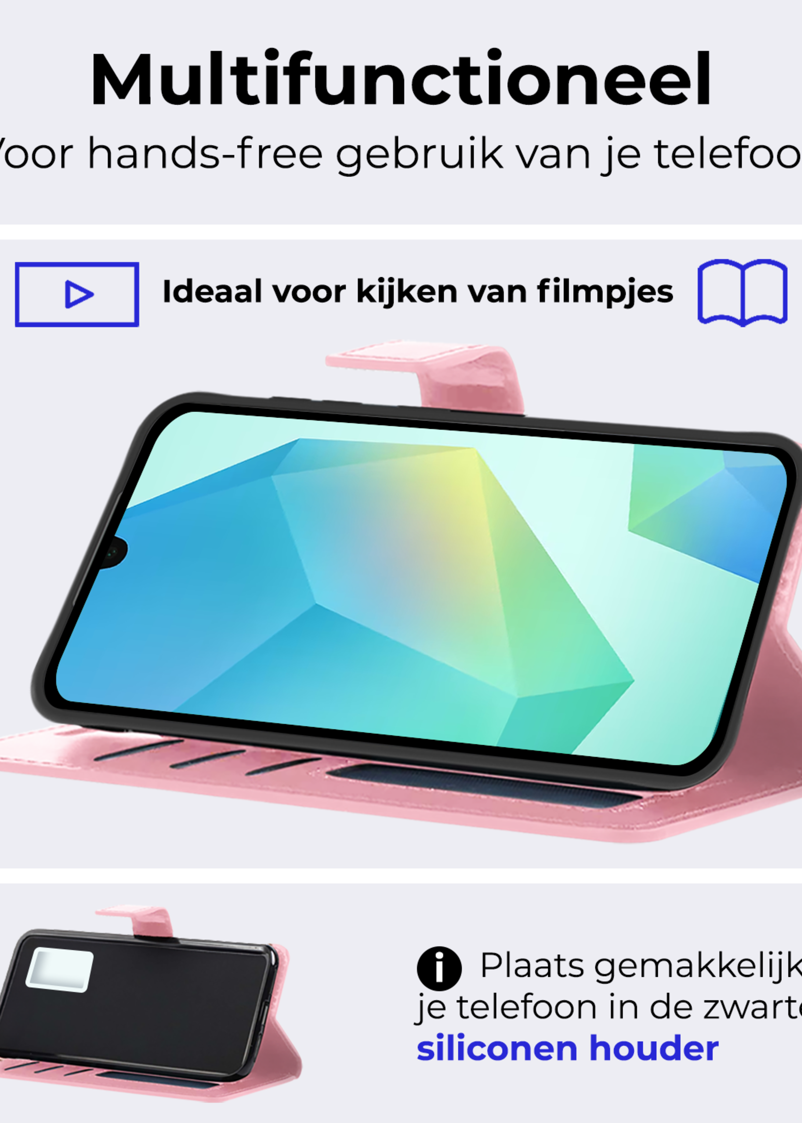 BTH Hoesje Geschikt voor Samsung A16 Hoesje Book Case Hoes Portemonnee Cover Walletcase Met 2x Screenprotector - Hoes Geschikt voor Samsung Galaxy A16 Hoes Bookcase Hoesje - Lichtroze