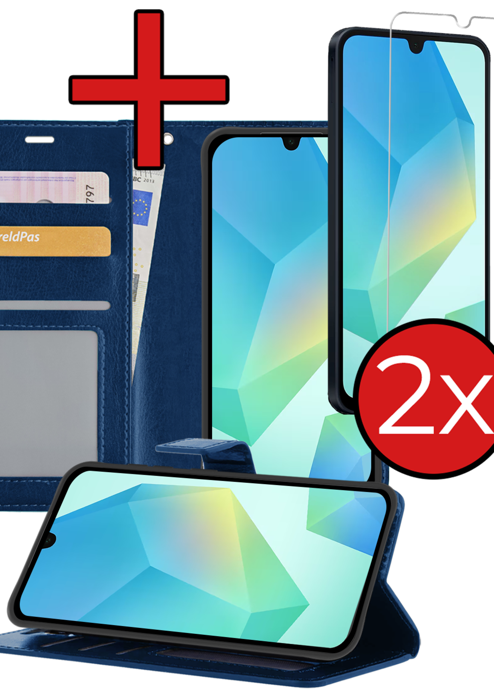 BTH Hoesje Geschikt voor Samsung A16 Hoesje Book Case Hoes Portemonnee Cover Walletcase Met 2x Screenprotector - Hoes Geschikt voor Samsung Galaxy A16 Hoes Bookcase Hoesje - Donkerblauw